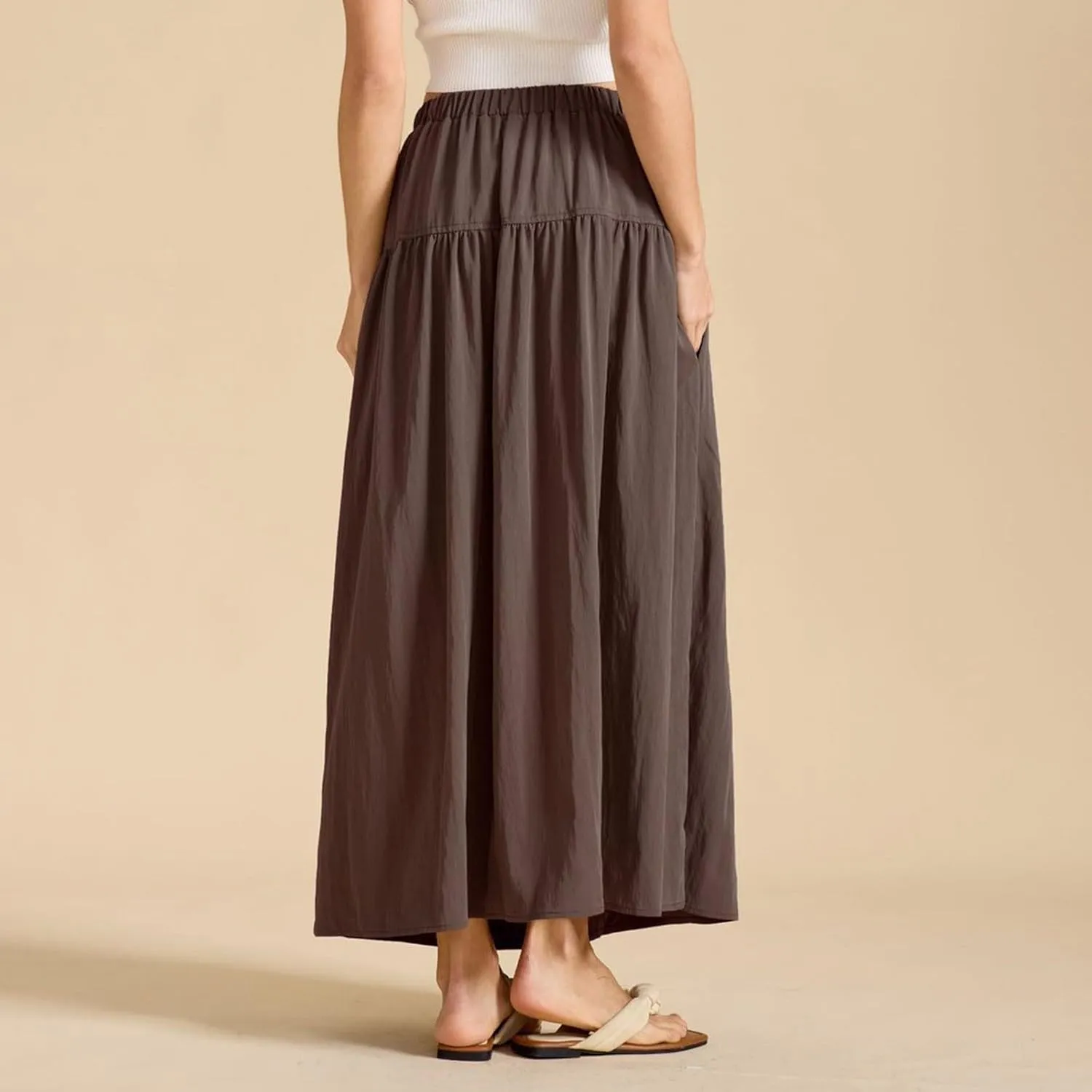 High Waisted Maxi Skirts for Women Cotton Summer Casaual Flowy Long Skirt Pleated Vacation Beach Skorts with Pockets