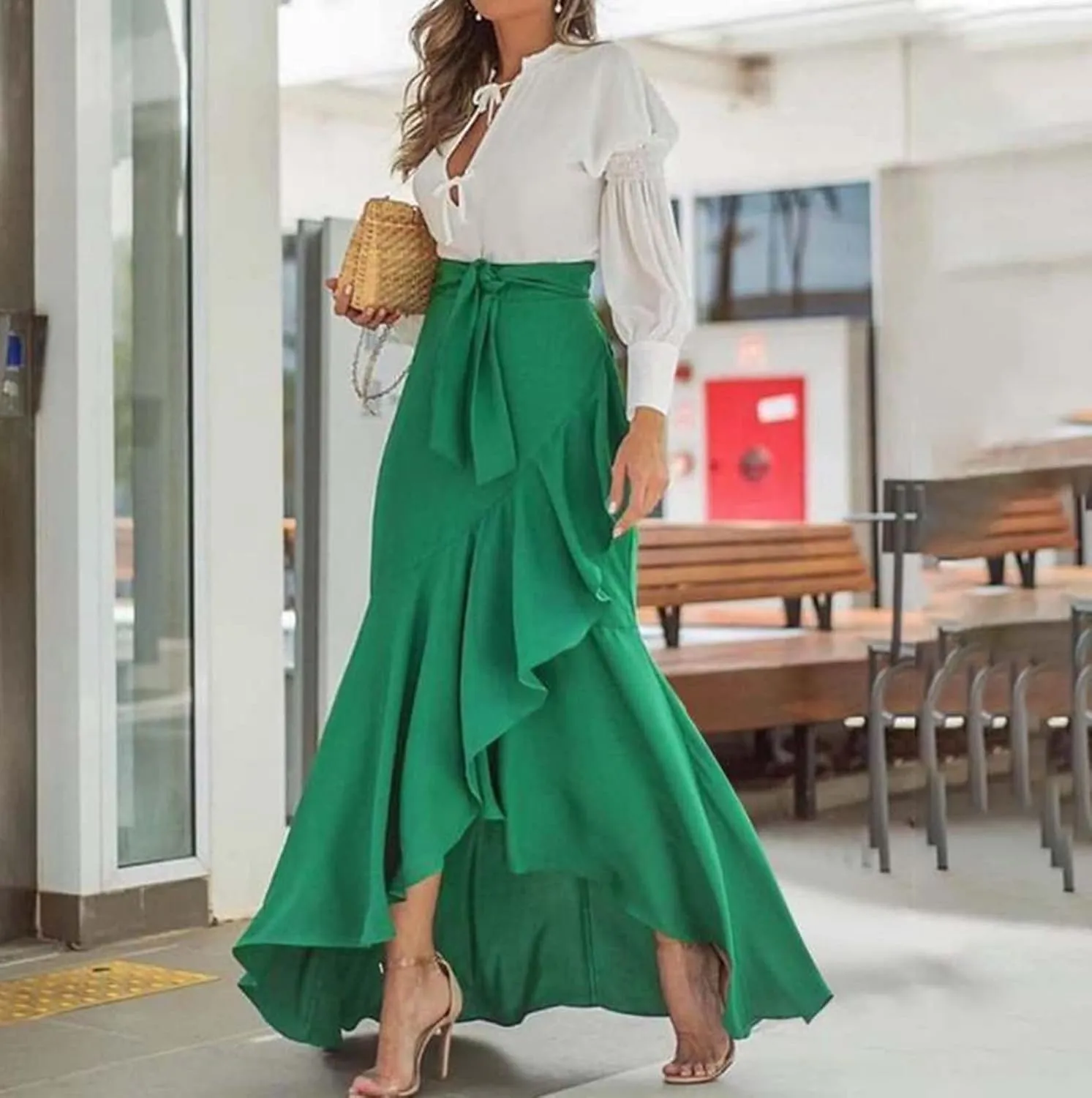High Waisted Skirt for Women Ruffle Hem Elastic Business Casual Skirts Mermaid Maxi Skirts Tie Front Wedding Skirts