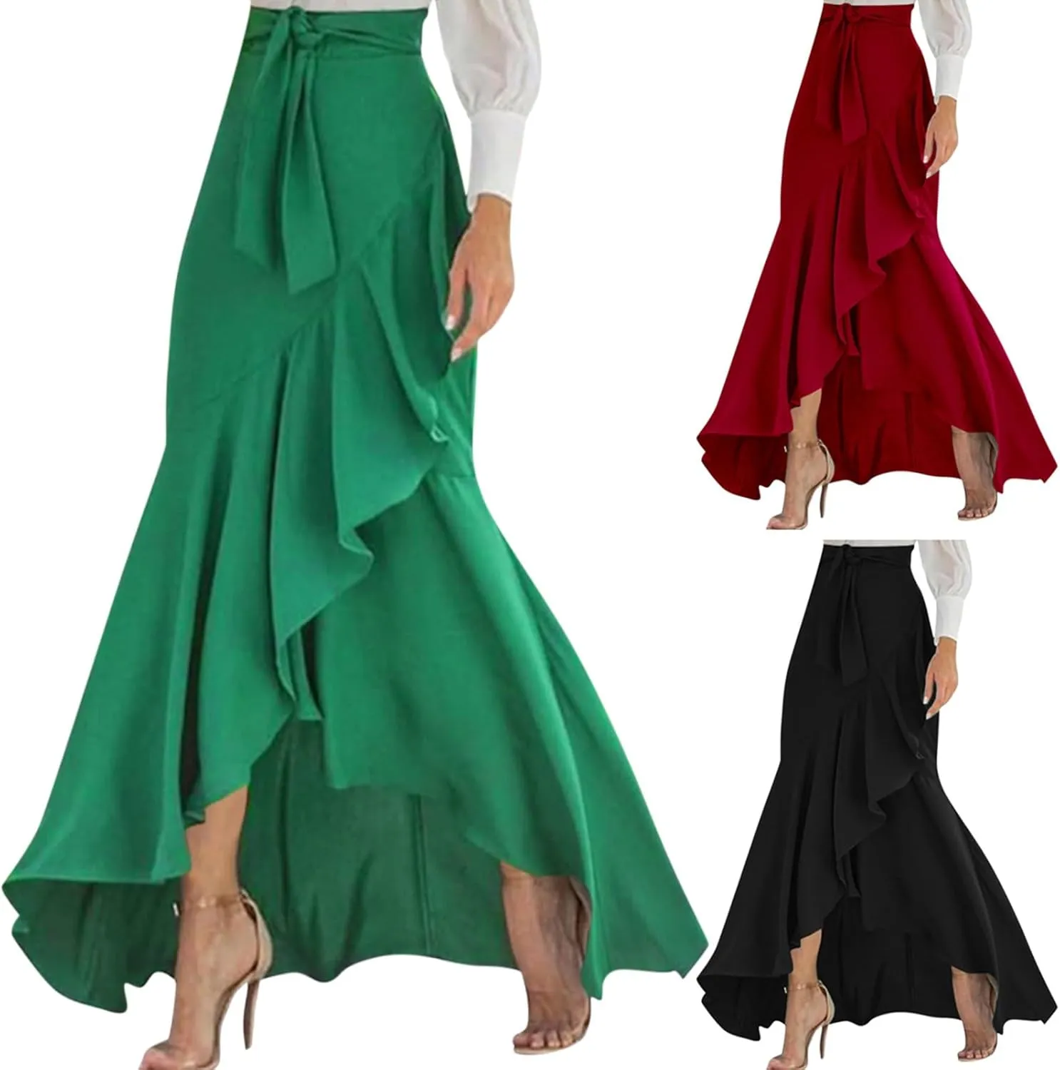High Waisted Skirt for Women Ruffle Hem Elastic Business Casual Skirts Mermaid Maxi Skirts Tie Front Wedding Skirts