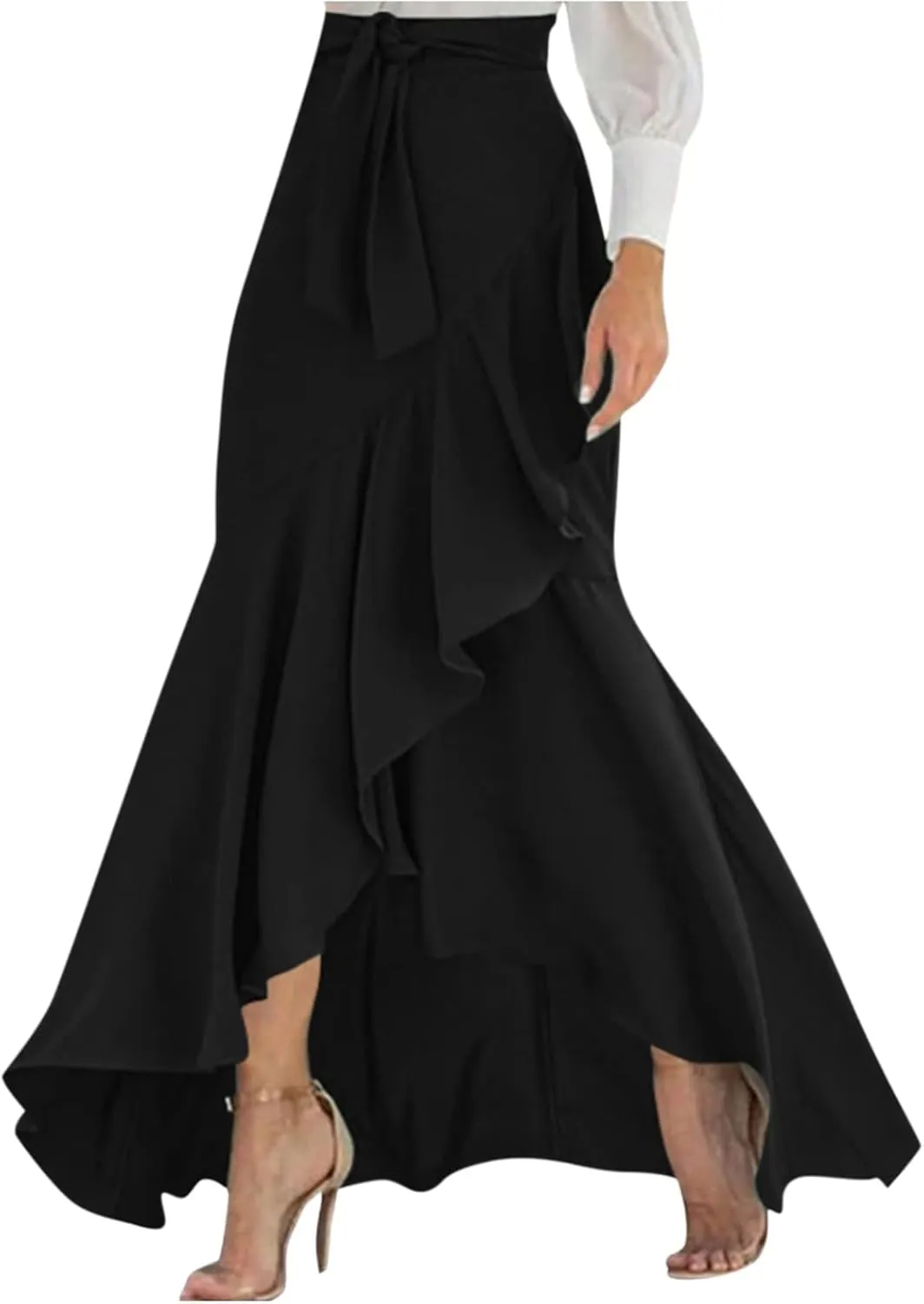 High Waisted Skirt for Women Ruffle Hem Elastic Business Casual Skirts Mermaid Maxi Skirts Tie Front Wedding Skirts