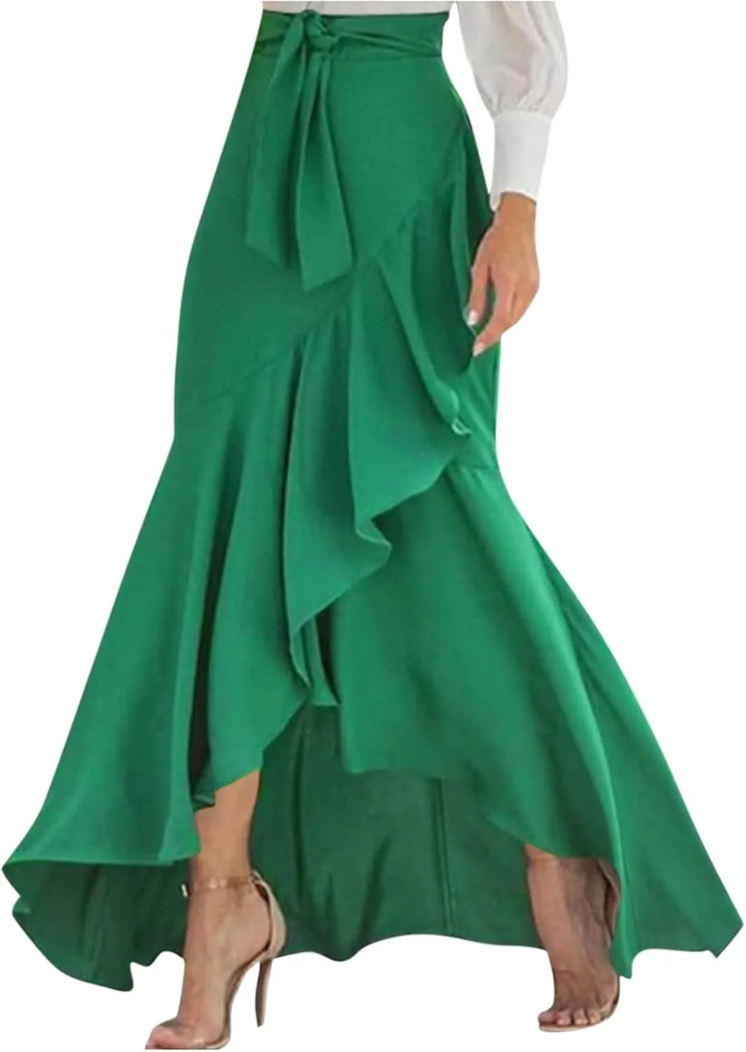 High Waisted Skirt for Women Ruffle Hem Elastic Business Casual Skirts Mermaid Maxi Skirts Tie Front Wedding Skirts