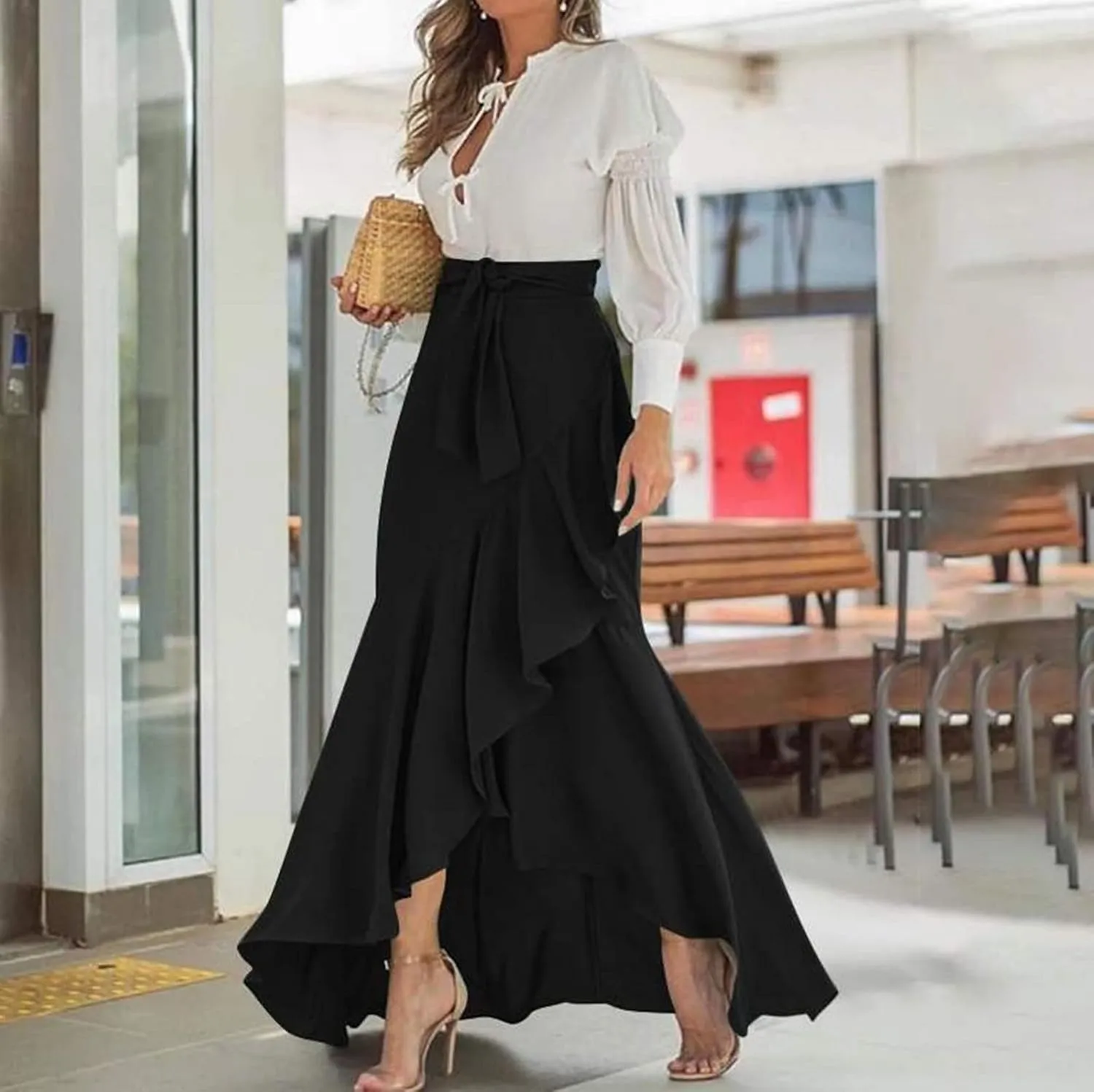 High Waisted Skirt for Women Ruffle Hem Elastic Business Casual Skirts Mermaid Maxi Skirts Tie Front Wedding Skirts