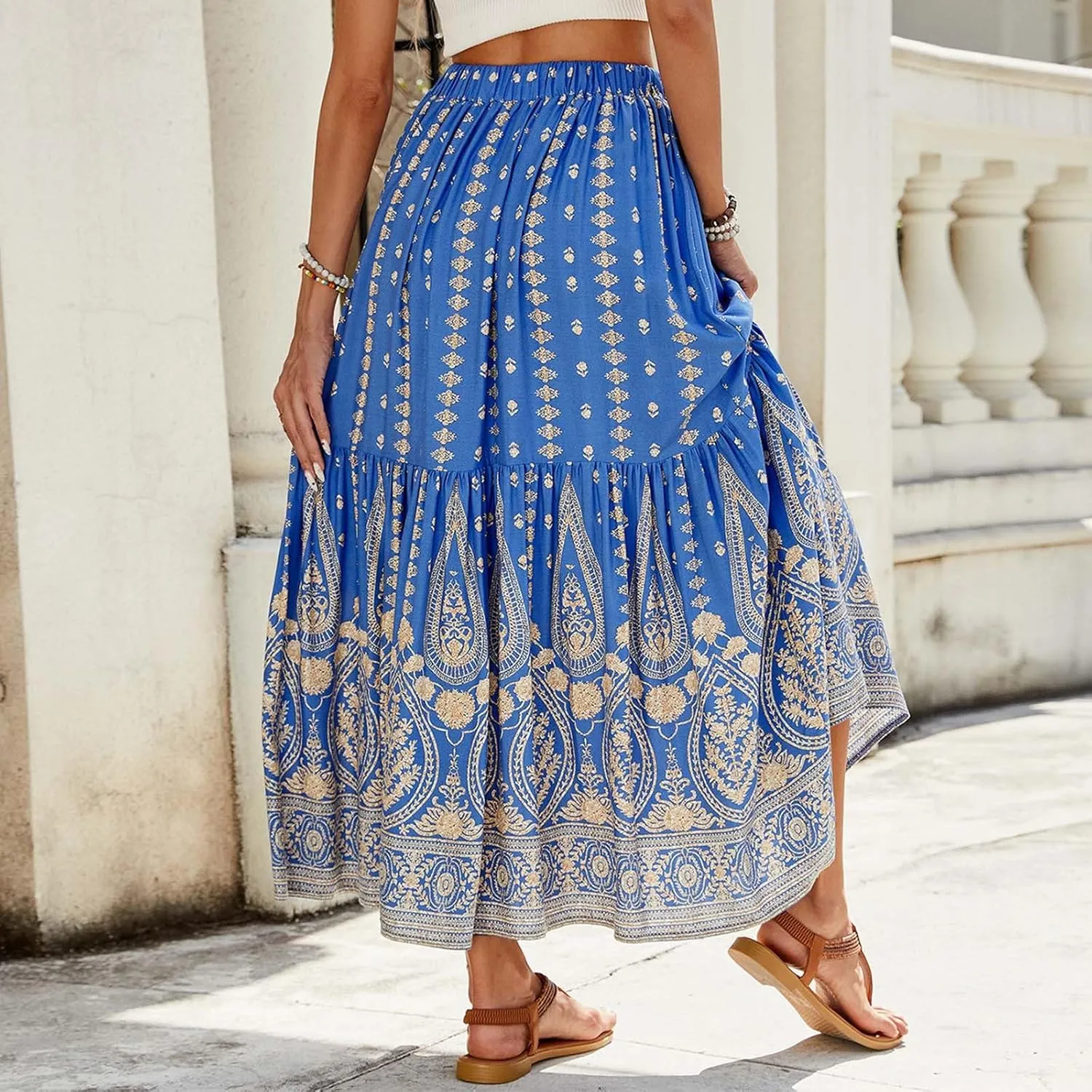 High Waisted Skirts for Women Bohemian Print Drawstring A Line Beach Flowy Skorts Dress Casual Pleated Long Maxi Skirts