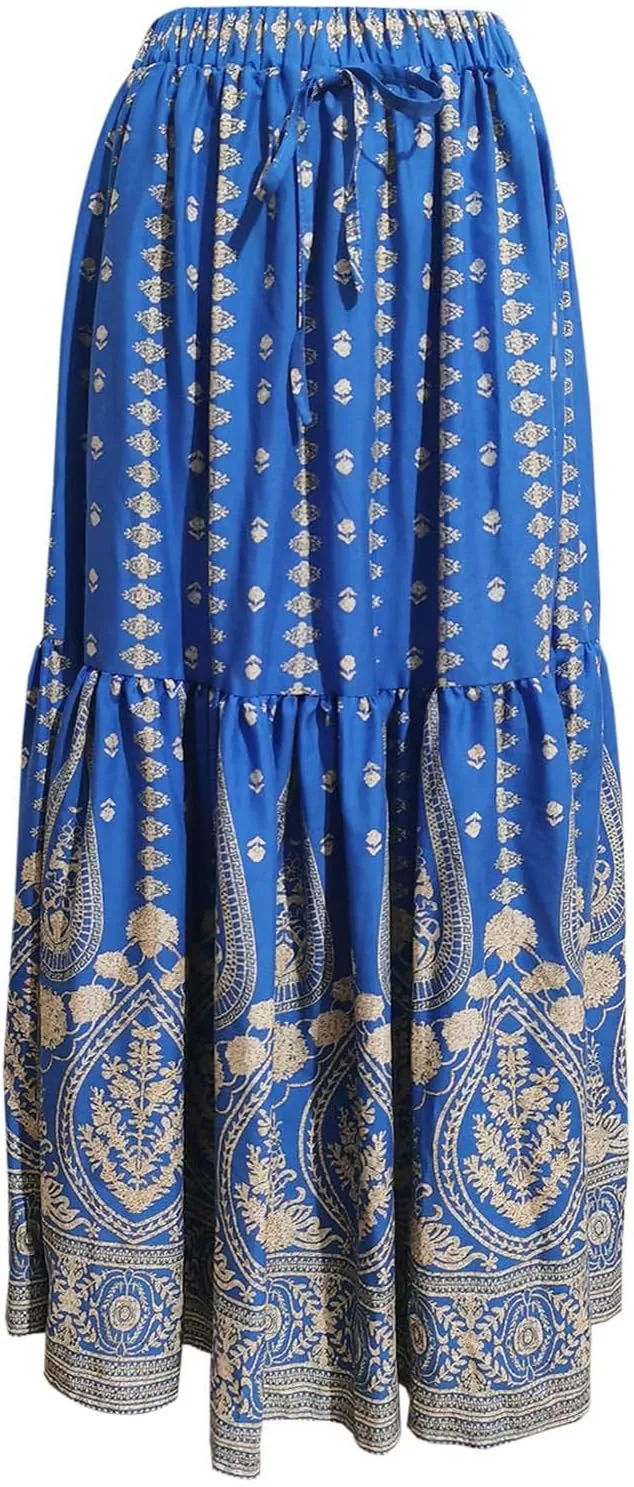 High Waisted Skirts for Women Bohemian Print Drawstring A Line Beach Flowy Skorts Dress Casual Pleated Long Maxi Skirts