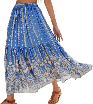 High Waisted Skirts for Women Bohemian Print Drawstring A Line Beach Flowy Skorts Dress Casual Pleated Long Maxi Skirts