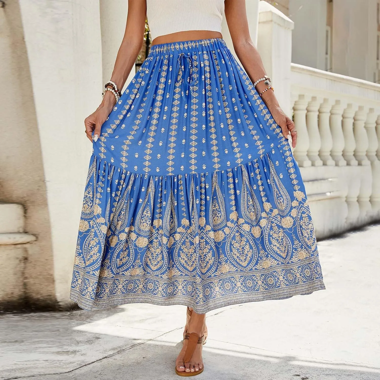 High Waisted Skirts for Women Bohemian Print Drawstring A Line Beach Flowy Skorts Dress Casual Pleated Long Maxi Skirts