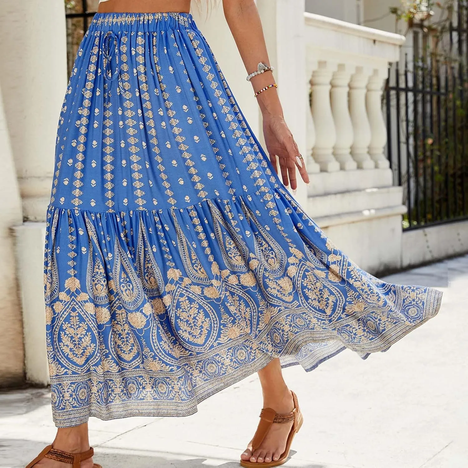 High Waisted Skirts for Women Bohemian Print Drawstring A Line Beach Flowy Skorts Dress Casual Pleated Long Maxi Skirts