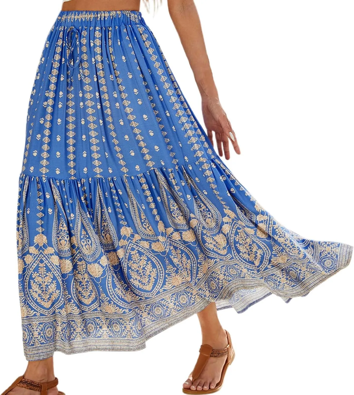 High Waisted Skirts for Women Bohemian Print Drawstring A Line Beach Flowy Skorts Dress Casual Pleated Long Maxi Skirts