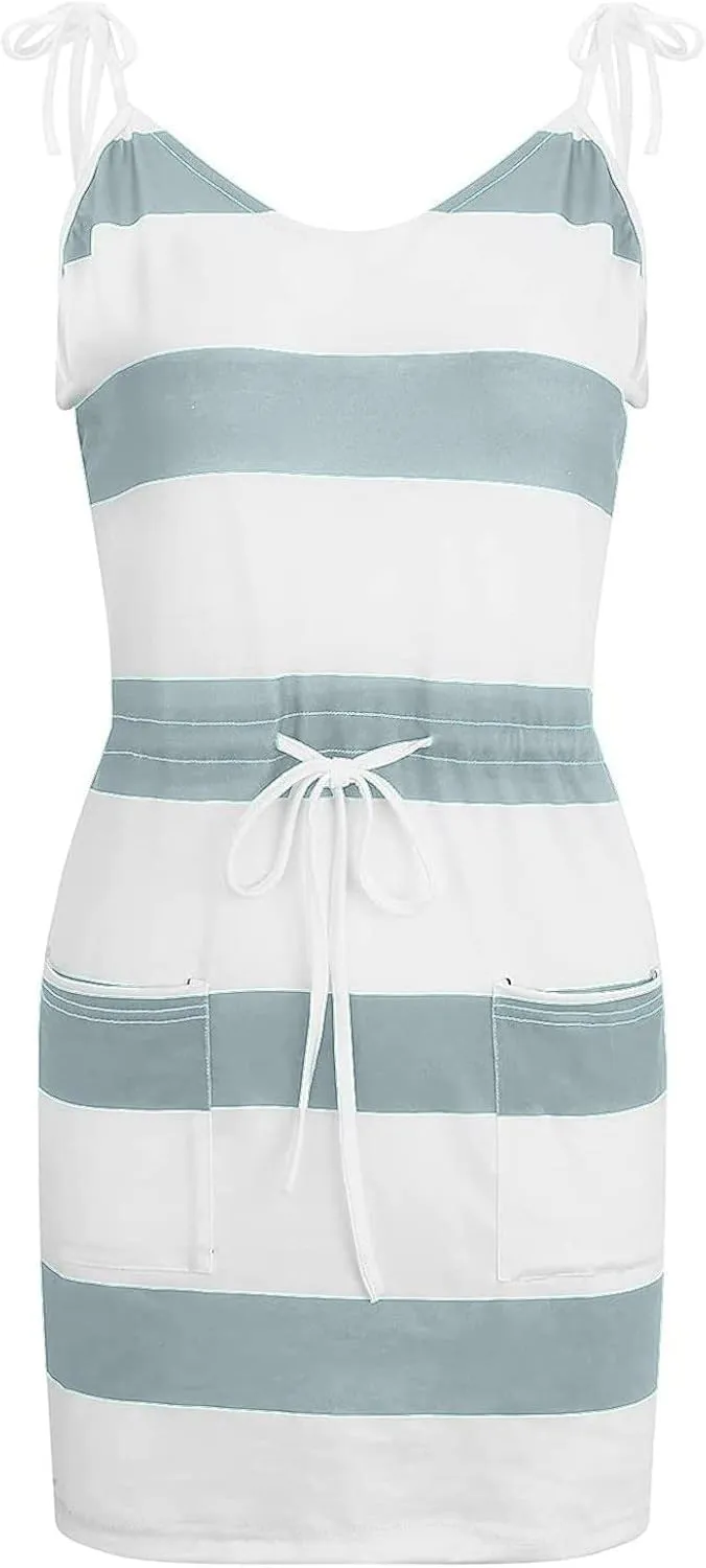 hlysgo Sundresses for Women 2025 Summer Casual Sleeveless V Neck Mini Dresses Drawstring Waist Stripes Dress with Pockets