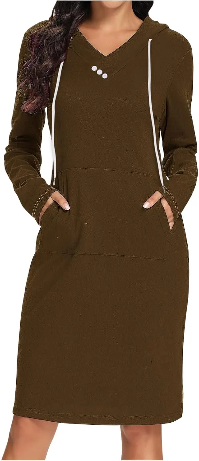 Hooded Sweatshirt Dress for Women Fall Winter Casual Long Sleeve V Neck Solid Loose Fit Pullover Elegant Midi Dresses