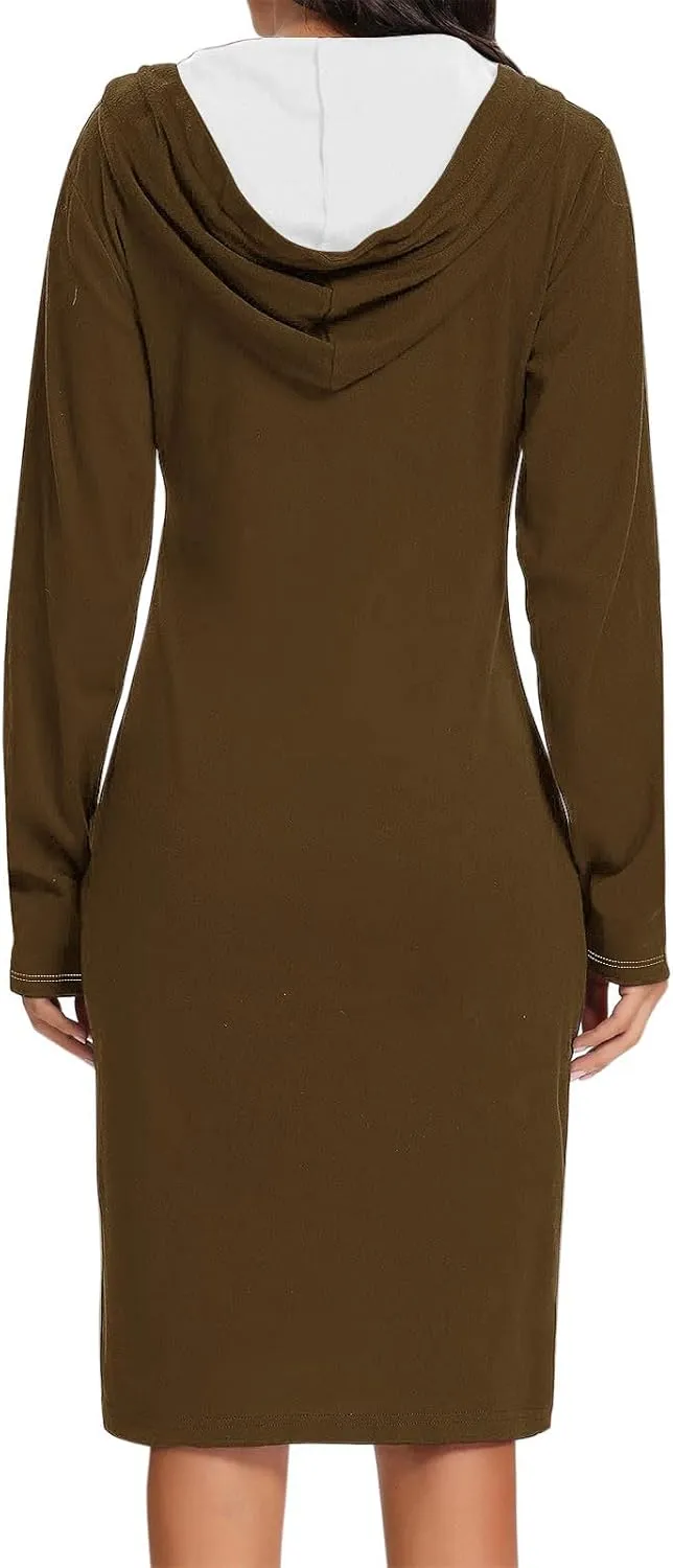 Hooded Sweatshirt Dress for Women Fall Winter Casual Long Sleeve V Neck Solid Loose Fit Pullover Elegant Midi Dresses