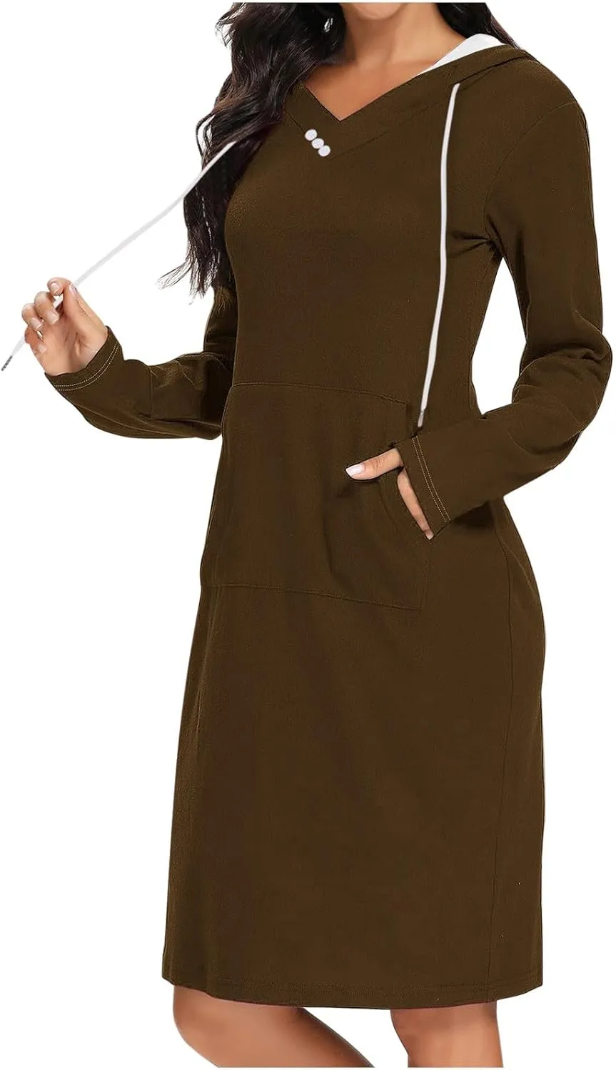 Hooded Sweatshirt Dress for Women Fall Winter Casual Long Sleeve V Neck Solid Loose Fit Pullover Elegant Midi Dresses
