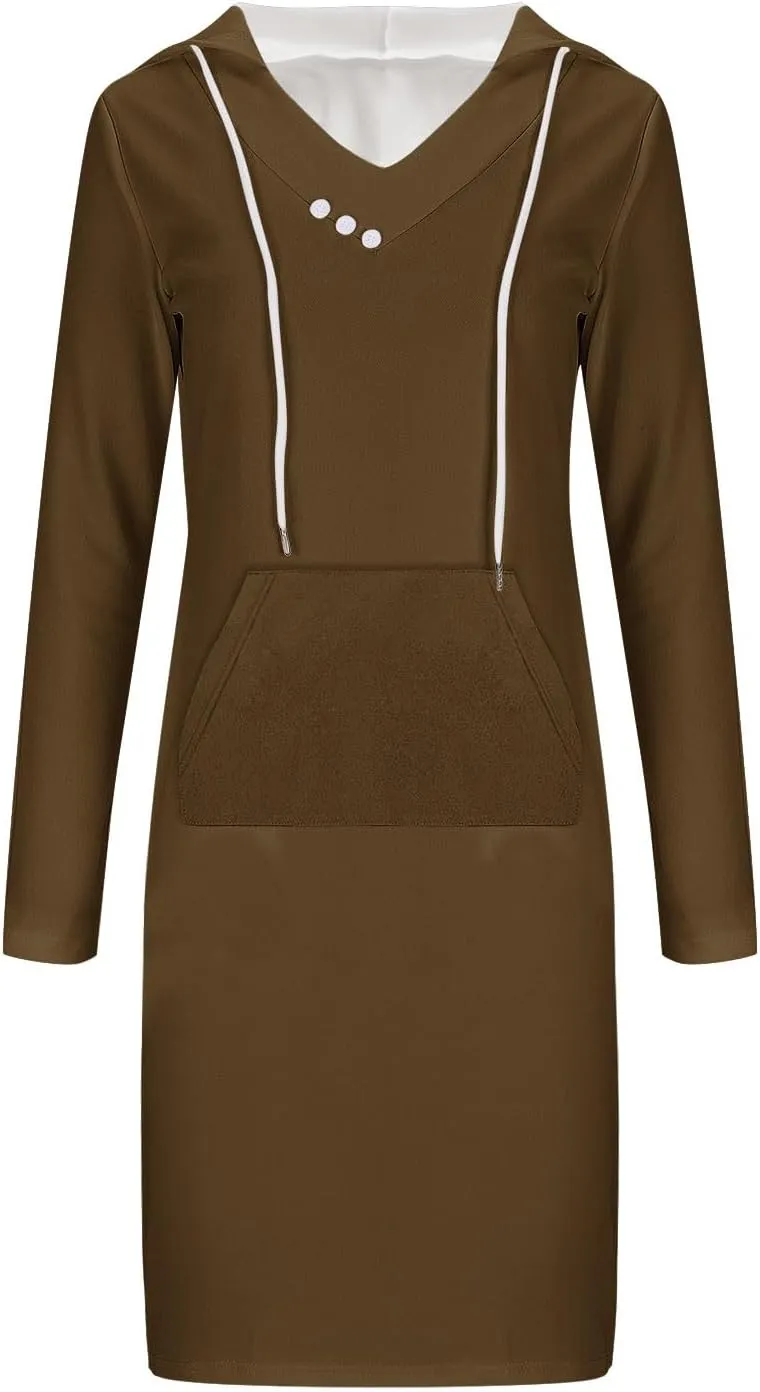Hooded Sweatshirt Dress for Women Fall Winter Casual Long Sleeve V Neck Solid Loose Fit Pullover Elegant Midi Dresses