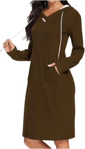 Hooded Sweatshirt Dress for Women Fall Winter Casual Long Sleeve V Neck Solid Loose Fit Pullover Elegant Midi Dresses