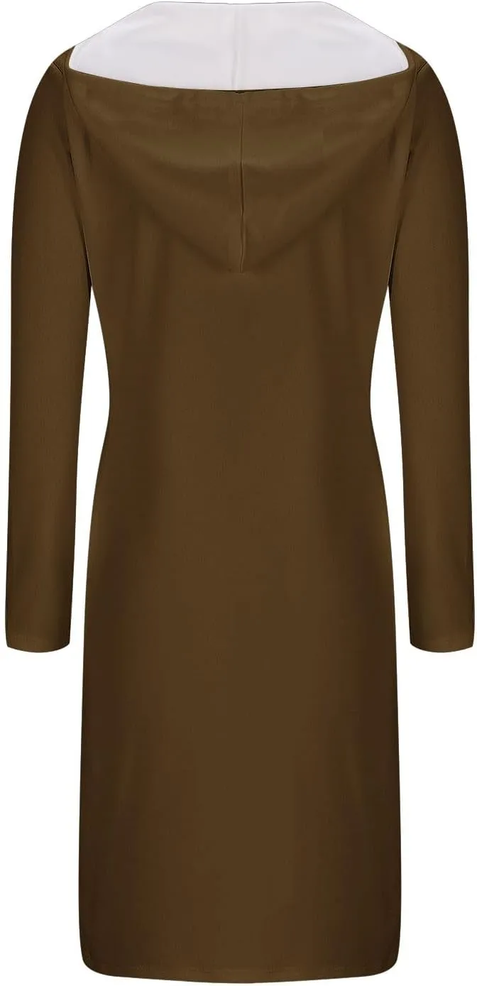 Hooded Sweatshirt Dress for Women Fall Winter Casual Long Sleeve V Neck Solid Loose Fit Pullover Elegant Midi Dresses