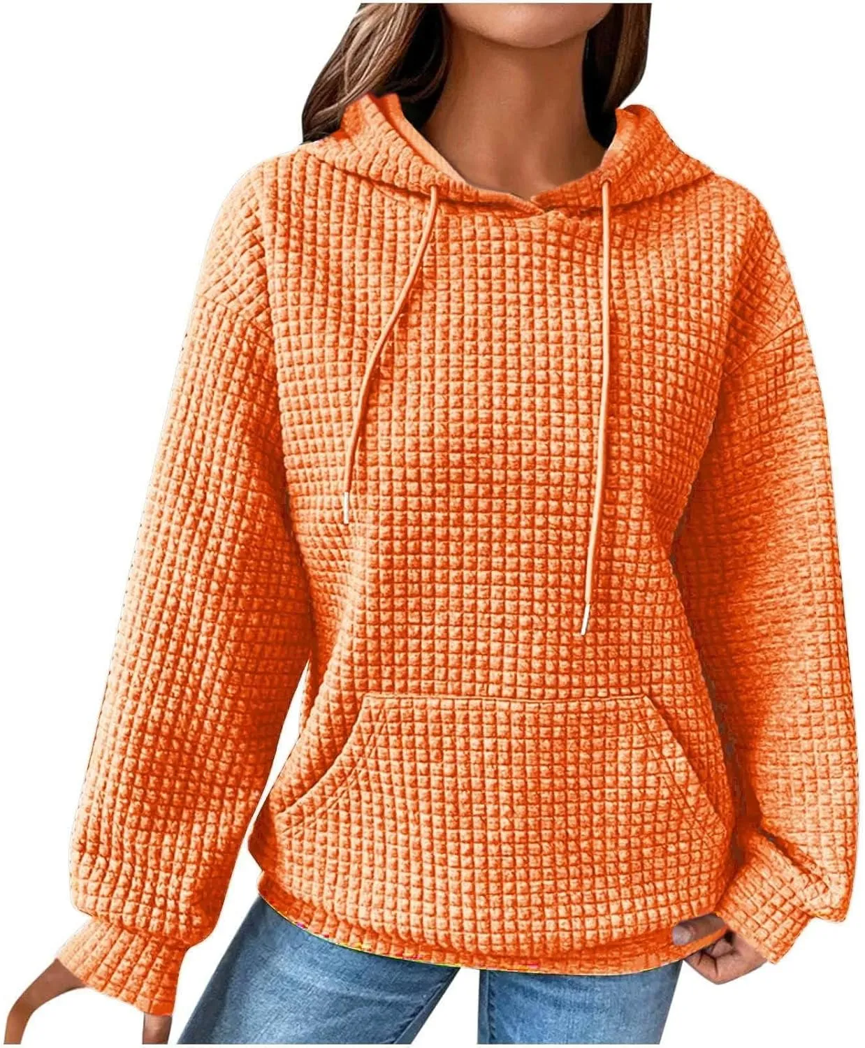 Hoodies for Women Casual Long Sleeve Waffle Sweatshirt Loose Drop Shoulder Pullover with Pocket Trendy Y2k Hoodie