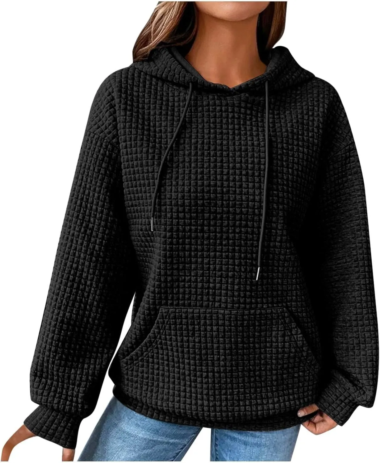 Hoodies for Women Casual Long Sleeve Waffle Sweatshirt Loose Drop Shoulder Pullover with Pocket Trendy Y2k Hoodie