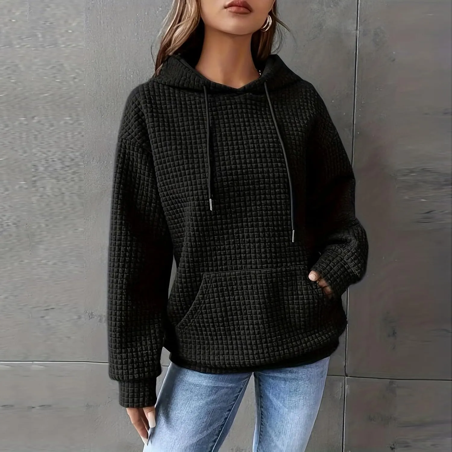 Hoodies for Women Casual Long Sleeve Waffle Sweatshirt Loose Drop Shoulder Pullover with Pocket Trendy Y2k Hoodie