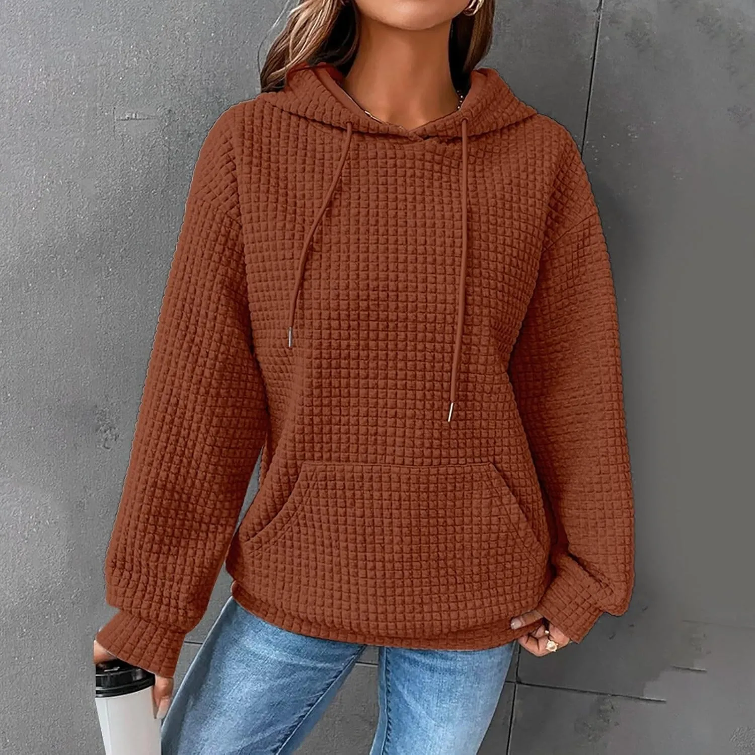 Hoodies for Women Casual Long Sleeve Waffle Sweatshirt Loose Drop Shoulder Pullover with Pocket Trendy Y2k Hoodie