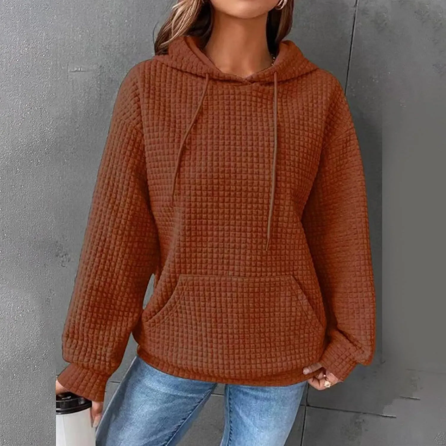 Hoodies for Women Casual Long Sleeve Waffle Sweatshirt Loose Drop Shoulder Pullover with Pocket Trendy Y2k Hoodie