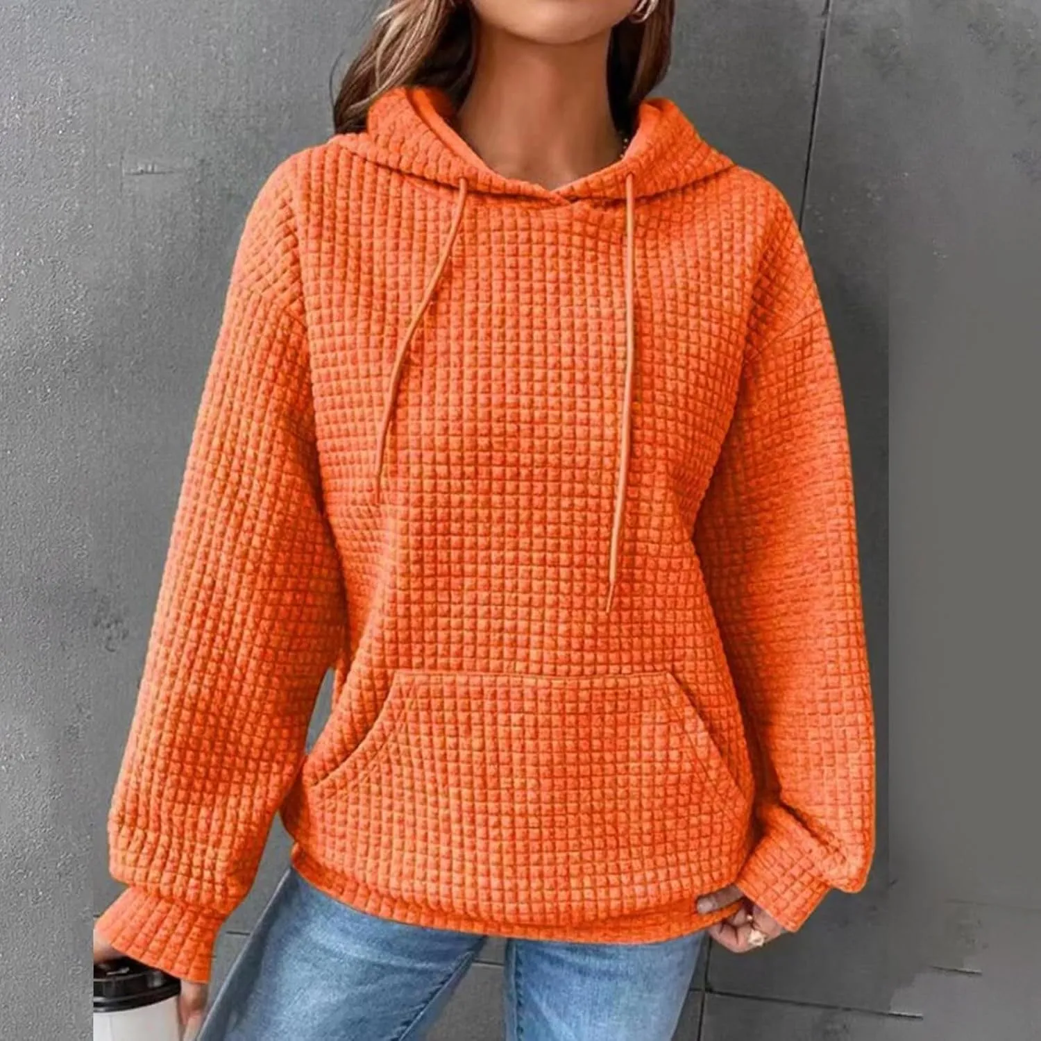 Hoodies for Women Casual Long Sleeve Waffle Sweatshirt Loose Drop Shoulder Pullover with Pocket Trendy Y2k Hoodie