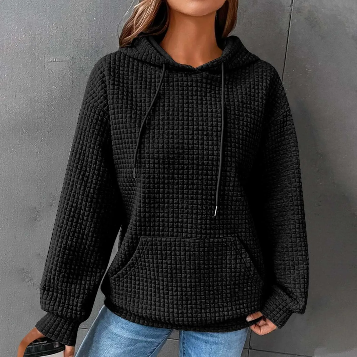Hoodies for Women Casual Long Sleeve Waffle Sweatshirt Loose Drop Shoulder Pullover with Pocket Trendy Y2k Hoodie