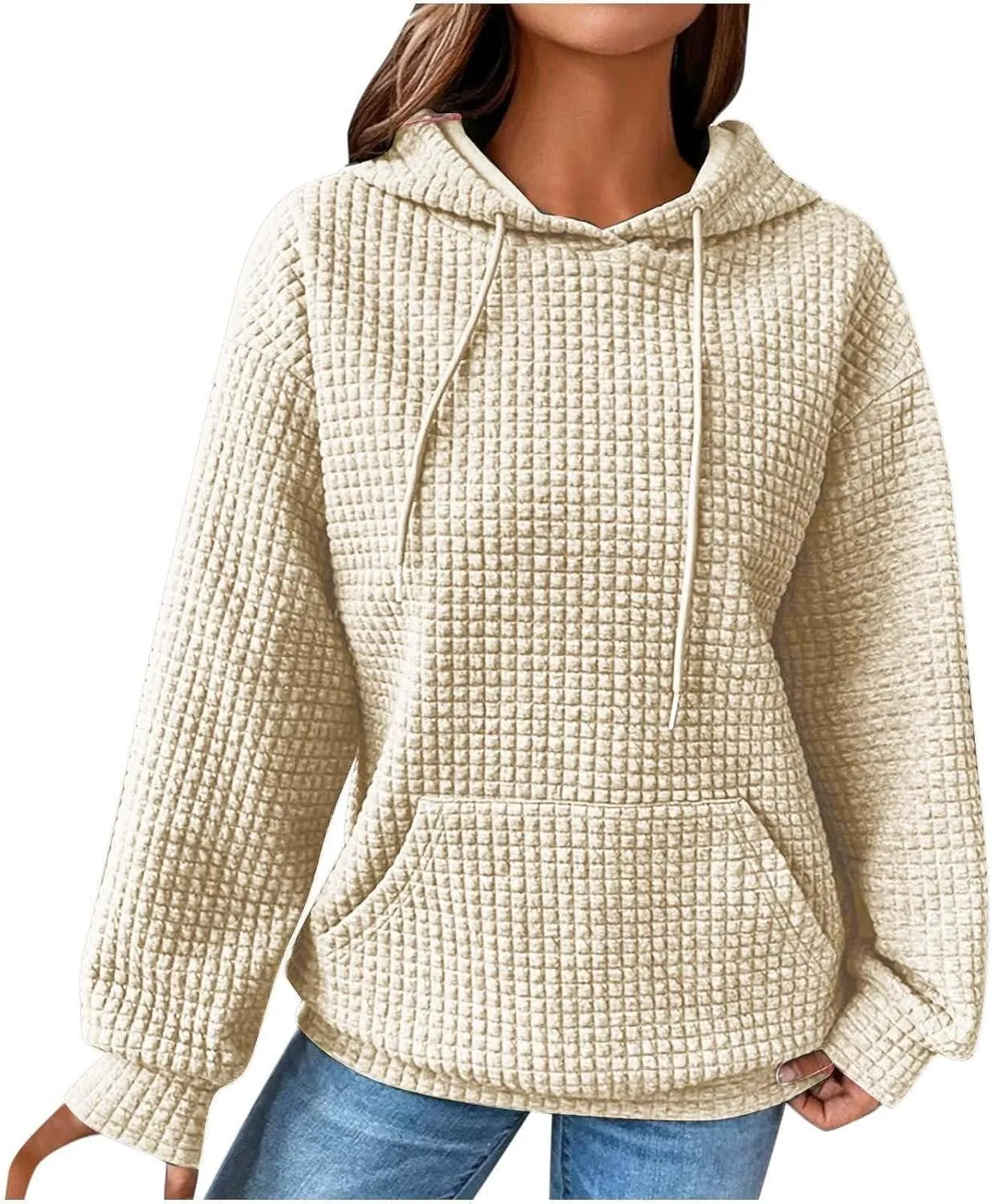 Hoodies for Women Casual Long Sleeve Waffle Sweatshirt Loose Drop Shoulder Pullover with Pocket Trendy Y2k Hoodie