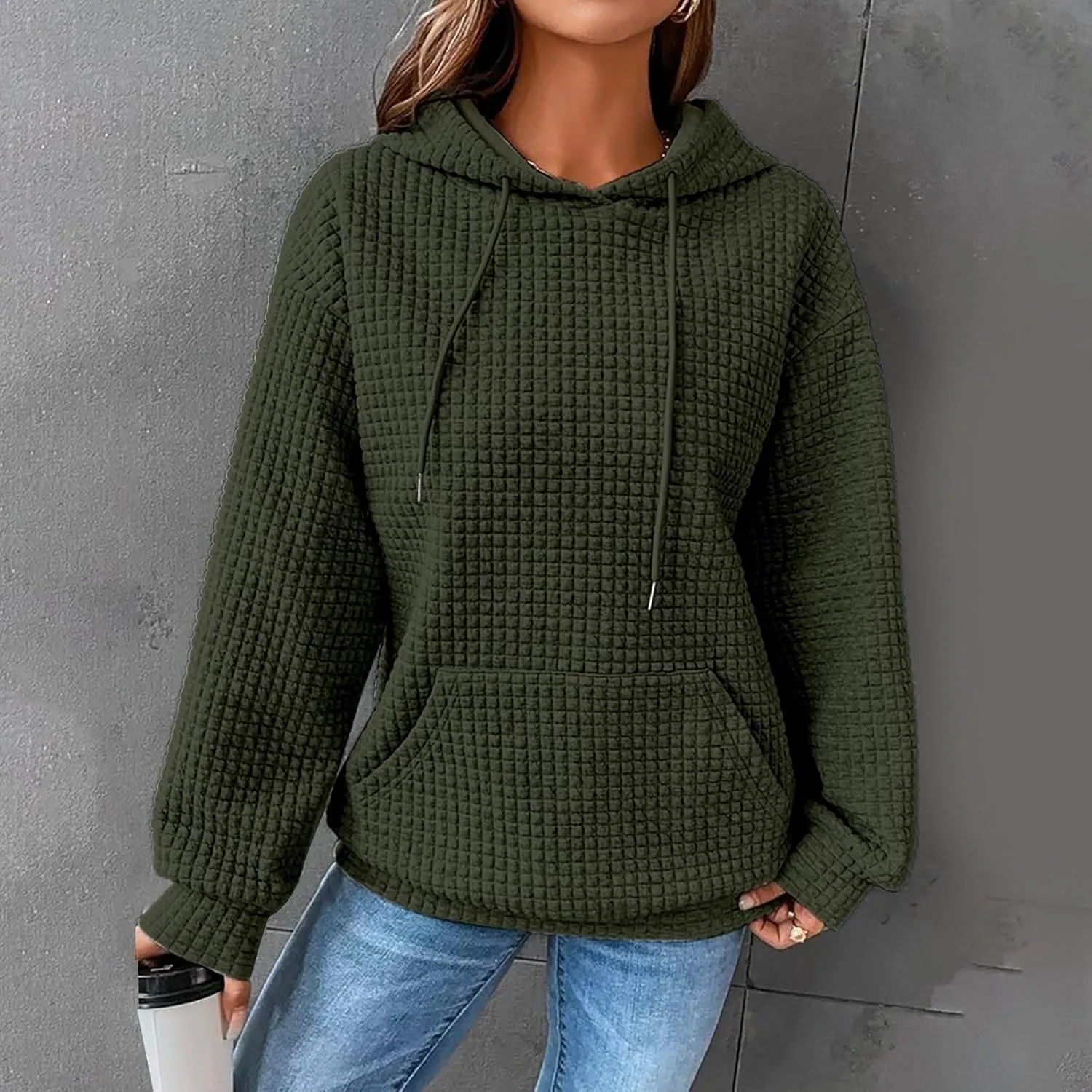 Hoodies for Women Casual Long Sleeve Waffle Sweatshirt Loose Drop Shoulder Pullover with Pocket Trendy Y2k Hoodie