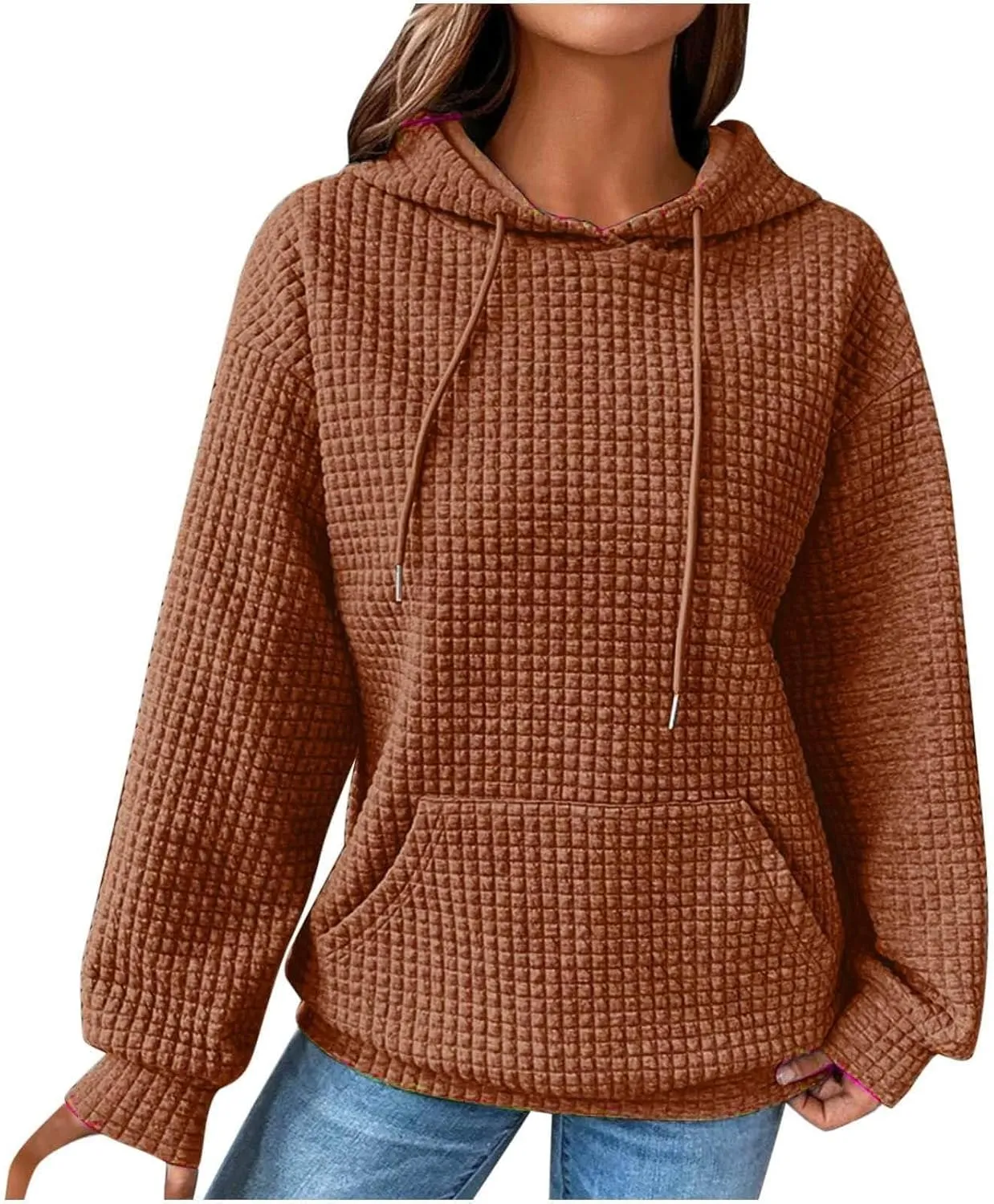 Hoodies for Women Casual Long Sleeve Waffle Sweatshirt Loose Drop Shoulder Pullover with Pocket Trendy Y2k Hoodie