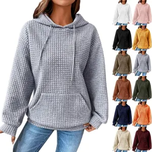 Hoodies for Women Casual Long Sleeve Waffle Sweatshirt Loose Drop Shoulder Pullover with Pocket Trendy Y2k Hoodie