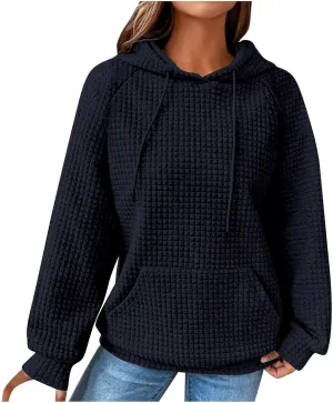 Hoodies for Women Long Sleeve Waffle Knit Sweatshirt Oversized Drawstring Hoodie Loose Hoodie Sweatshirt with Pocket
