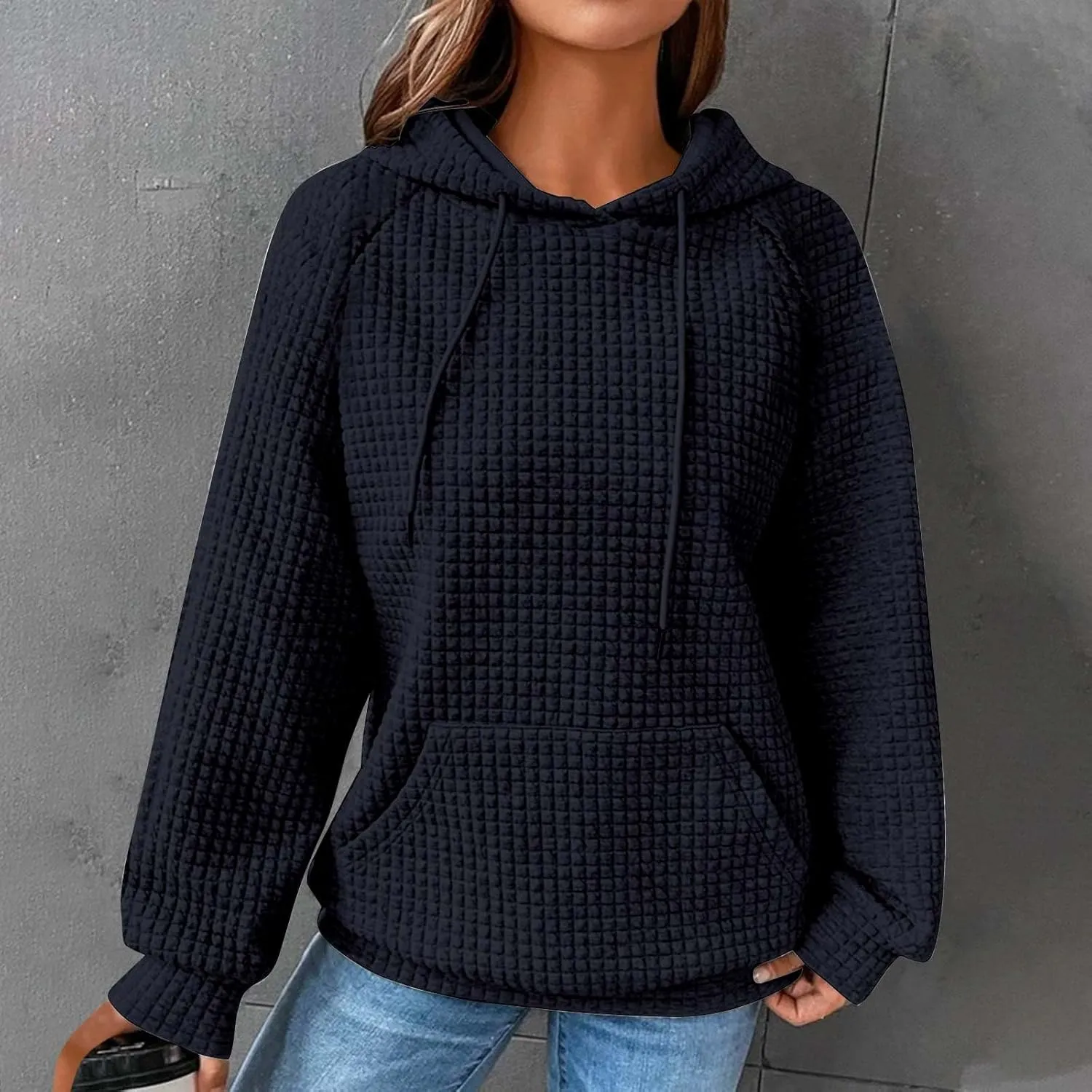 Hoodies for Women Long Sleeve Waffle Knit Sweatshirt Oversized Drawstring Hoodie Loose Hoodie Sweatshirt with Pocket