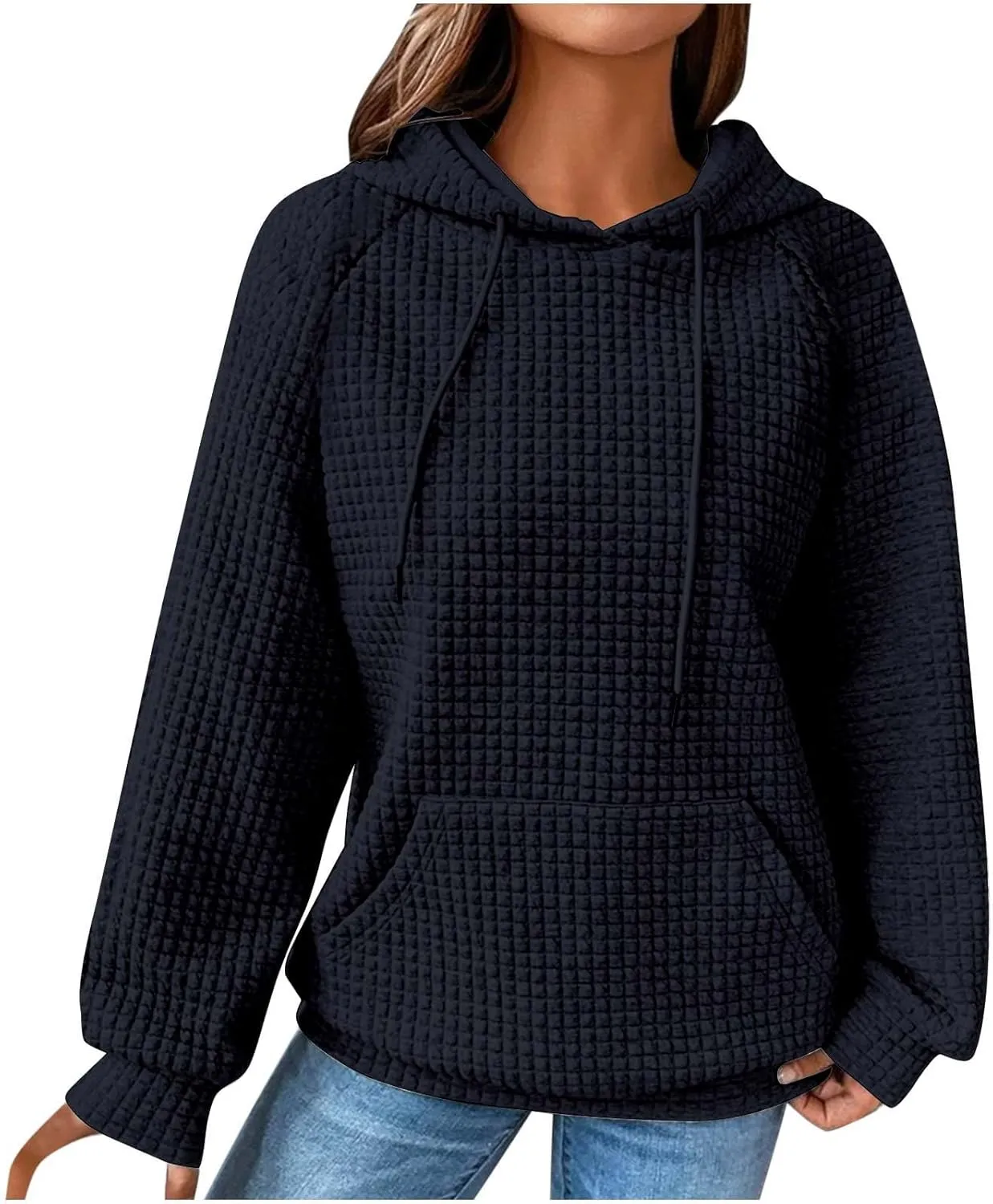 Hoodies for Women Long Sleeve Waffle Knit Sweatshirt Oversized Drawstring Hoodie Loose Hoodie Sweatshirt with Pocket
