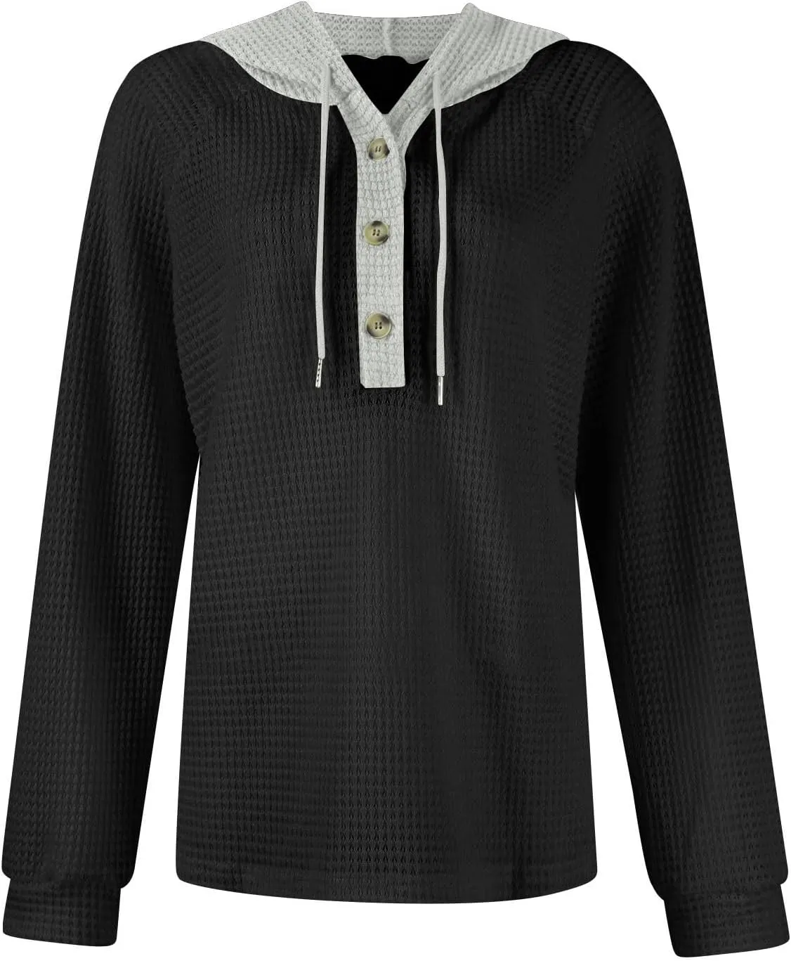 Hoodies for Women Oversized Waffle Knit Casual Lightweight Sweatshirts Drawstring Button V Neck Long Sleeve Tops