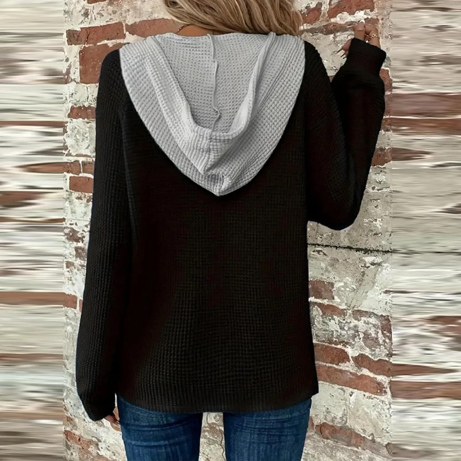 Hoodies for Women Oversized Waffle Knit Casual Lightweight Sweatshirts Drawstring Button V Neck Long Sleeve Tops