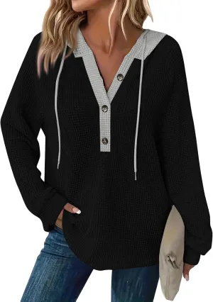 Hoodies for Women Oversized Waffle Knit Casual Lightweight Sweatshirts Drawstring Button V Neck Long Sleeve Tops
