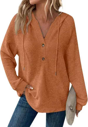Hoodies for Women Waffle Knit Drawstring Button V Neck Long Sleeve Casual Pullover Sweatshirt Hooded Tops