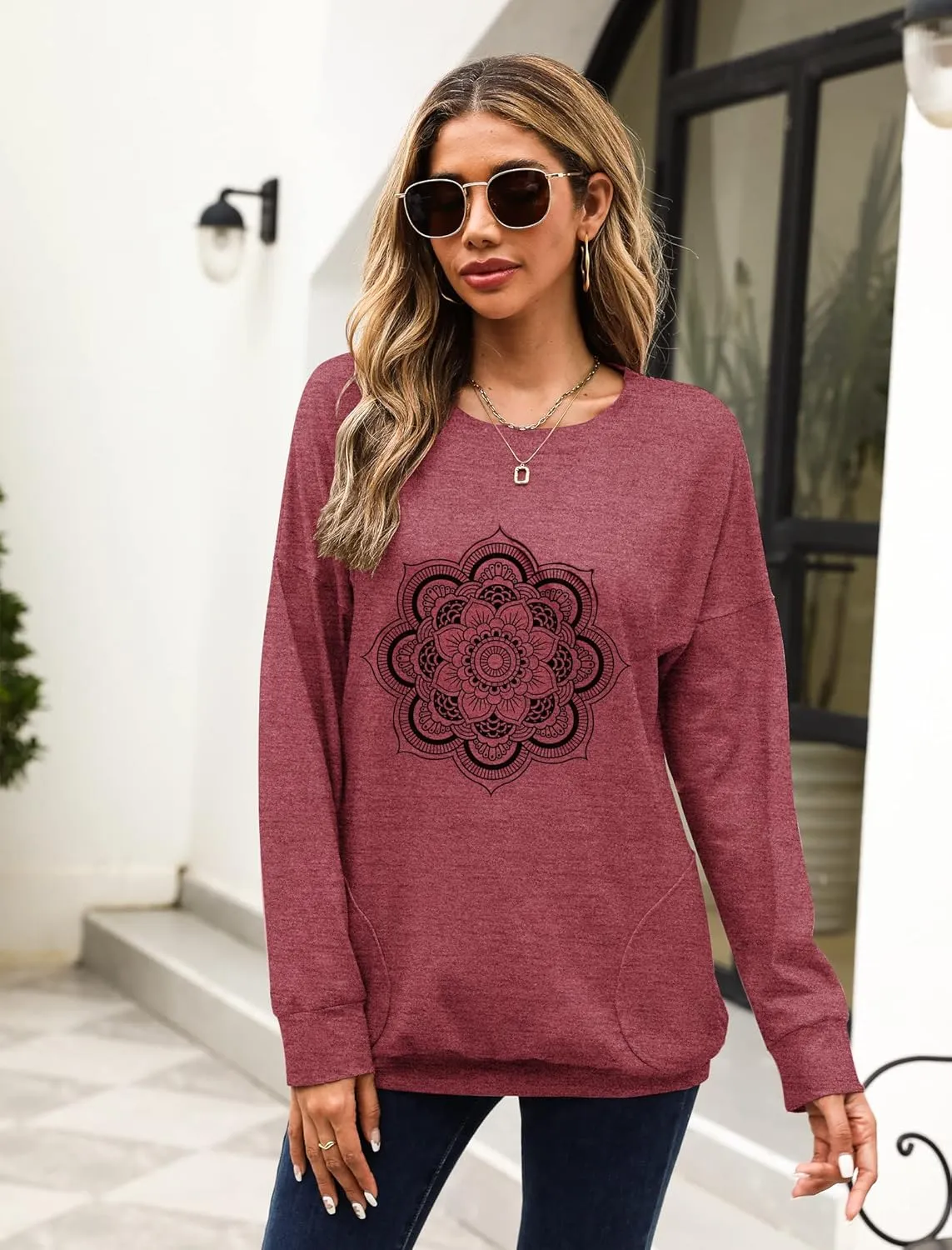 Hount Womens Casual Loose Fit Shirts Long Sleeve Comfy T-Shirts Pullover Sweatshirts With Pockets