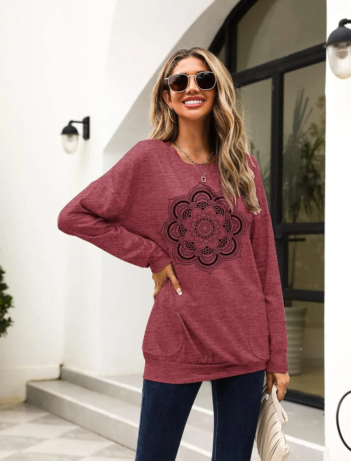 Hount Womens Casual Loose Fit Shirts Long Sleeve Comfy T-Shirts Pullover Sweatshirts With Pockets
