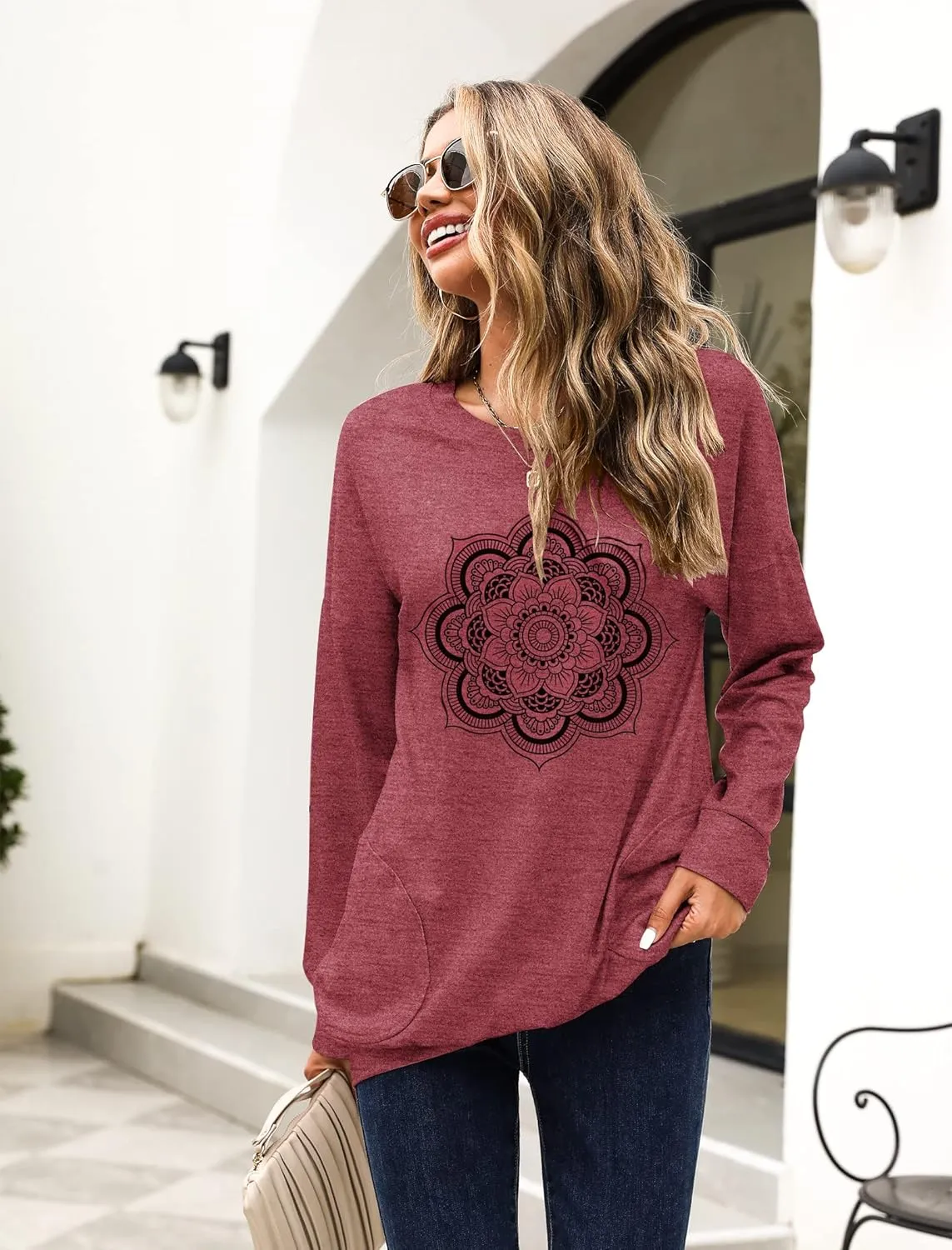 Hount Womens Casual Loose Fit Shirts Long Sleeve Comfy T-Shirts Pullover Sweatshirts With Pockets