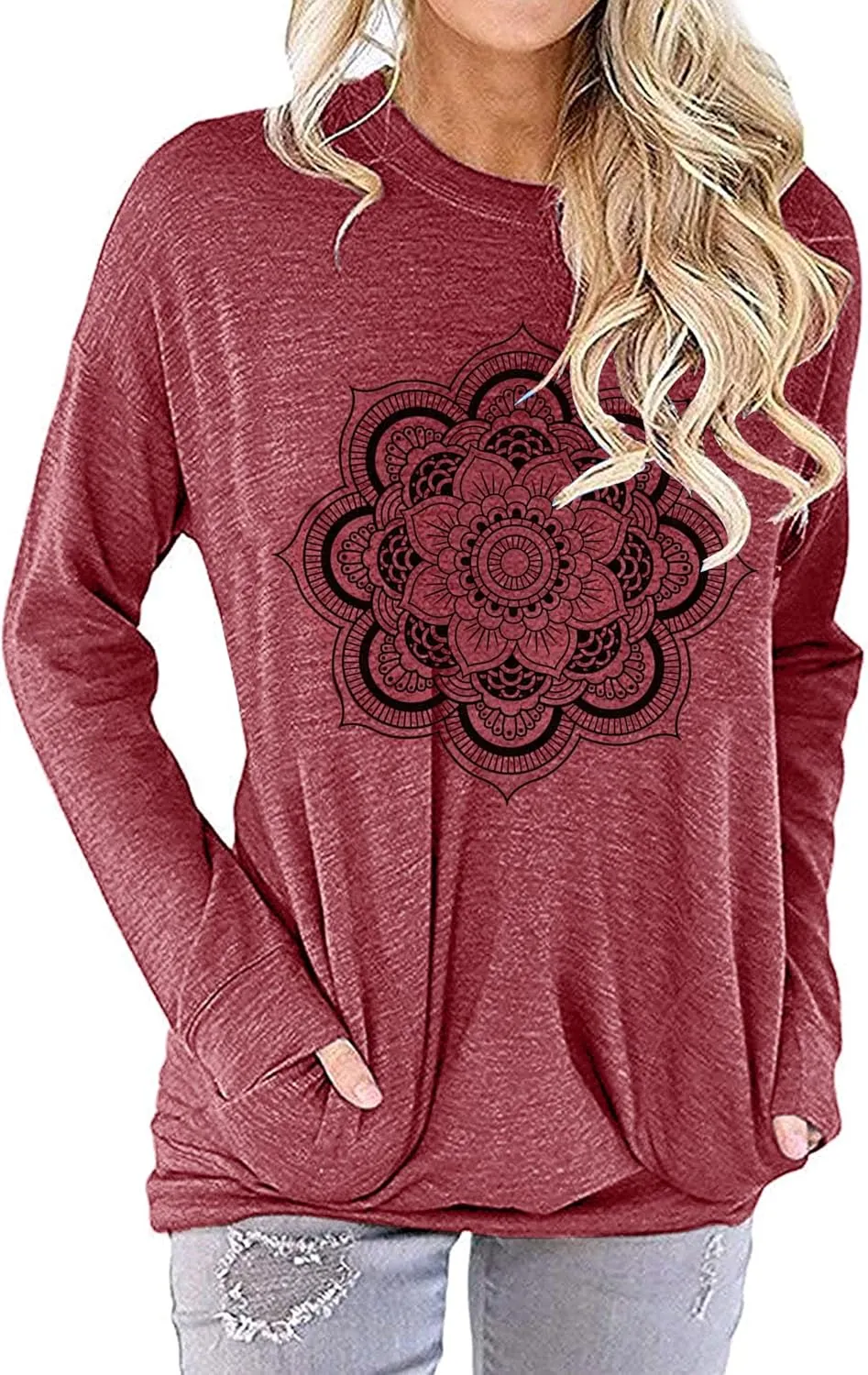 Hount Womens Casual Loose Fit Shirts Long Sleeve Comfy T-Shirts Pullover Sweatshirts With Pockets