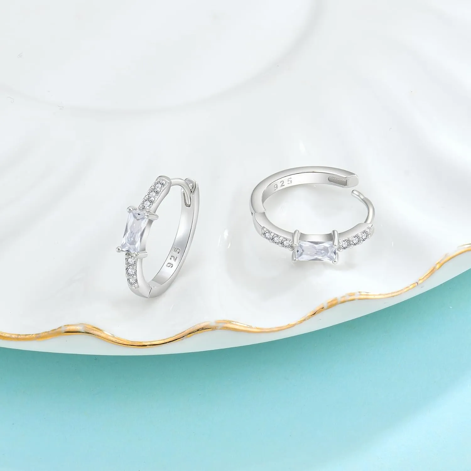 Huggie Hoop Earrings for Women 925 Sterling Silver Baguette Hoop Earrings Birthstone Jewelry Gifts for Her