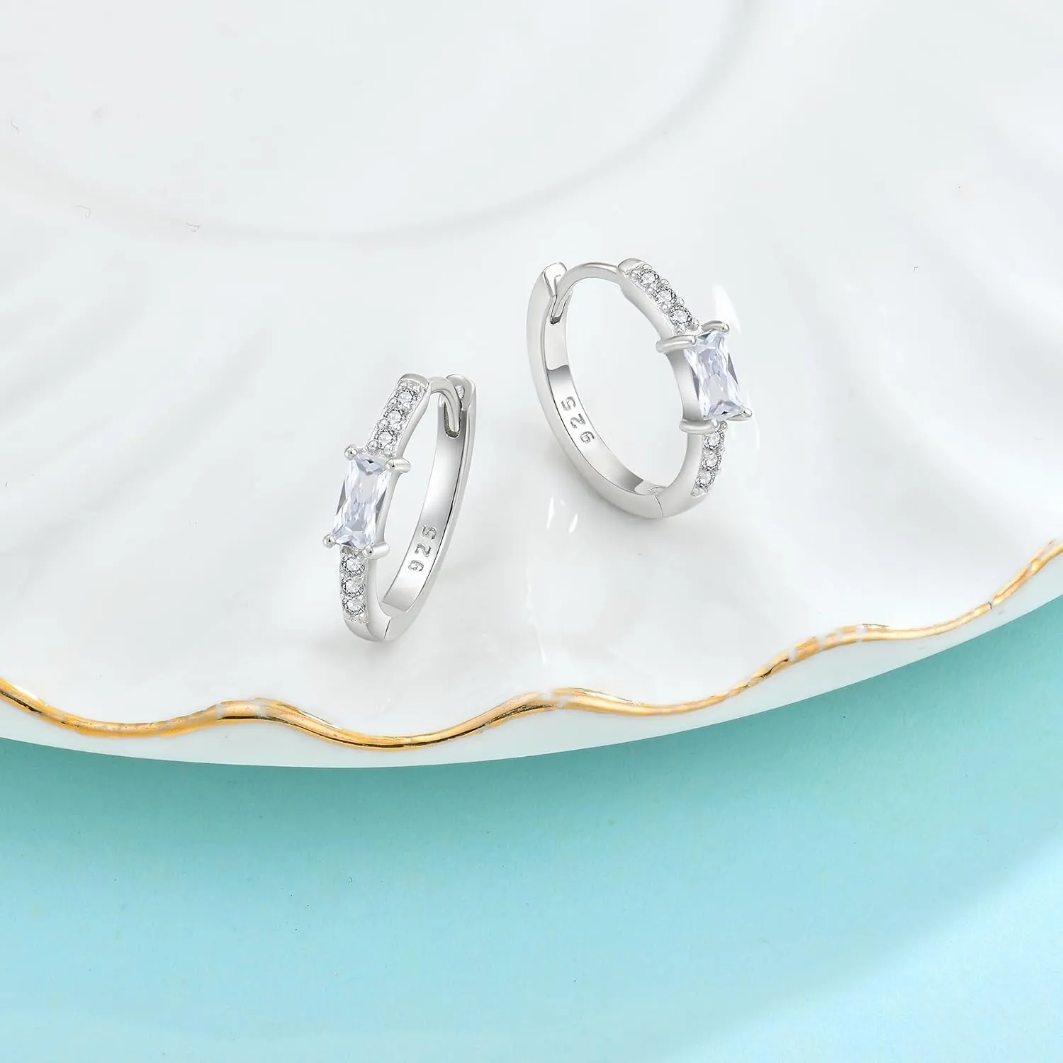 Huggie Hoop Earrings for Women 925 Sterling Silver Baguette Hoop Earrings Birthstone Jewelry Gifts for Her