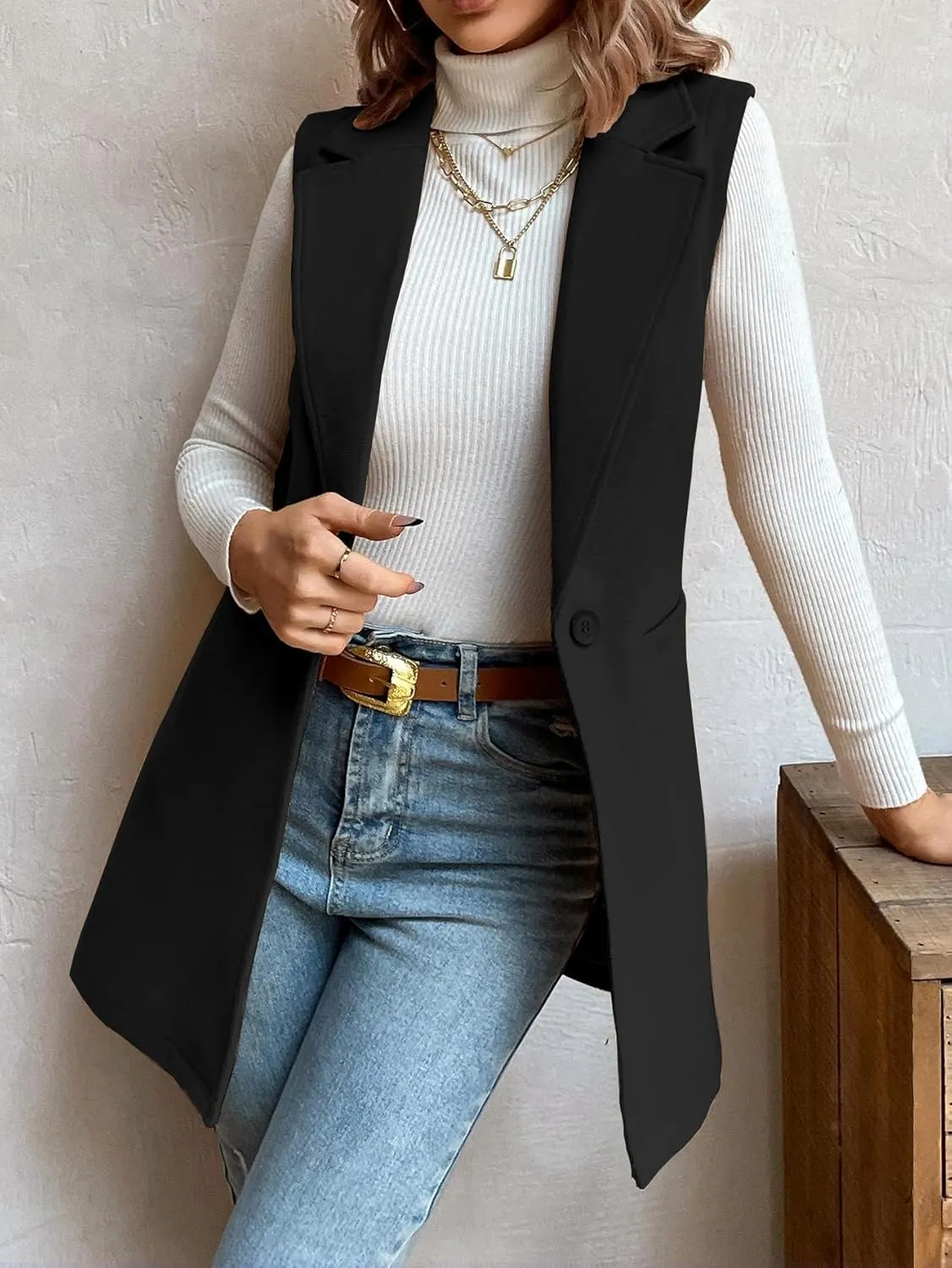 IDEALSANXUN Womens Wool Vest Fall Winter Long Sleeveless Blazer Jackets Cardigan