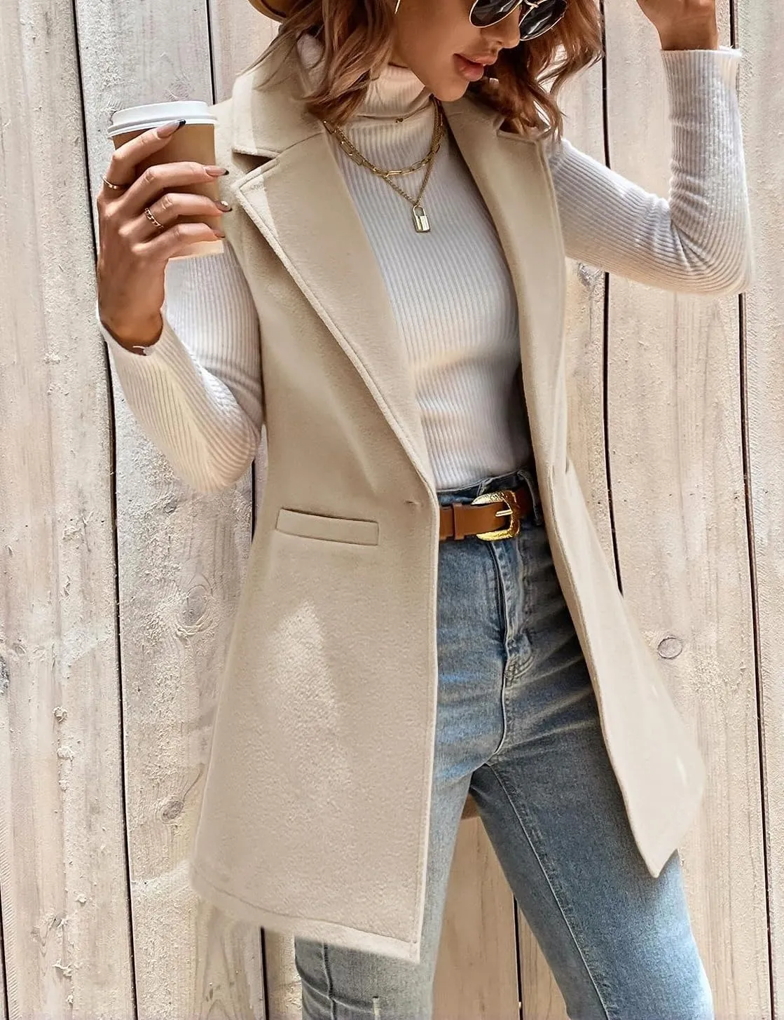 IDEALSANXUN Womens Wool Vest Fall Winter Long Sleeveless Blazer Jackets Cardigan