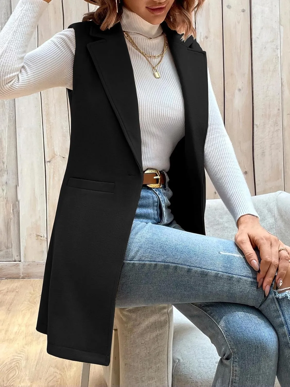 IDEALSANXUN Womens Wool Vest Fall Winter Long Sleeveless Blazer Jackets Cardigan