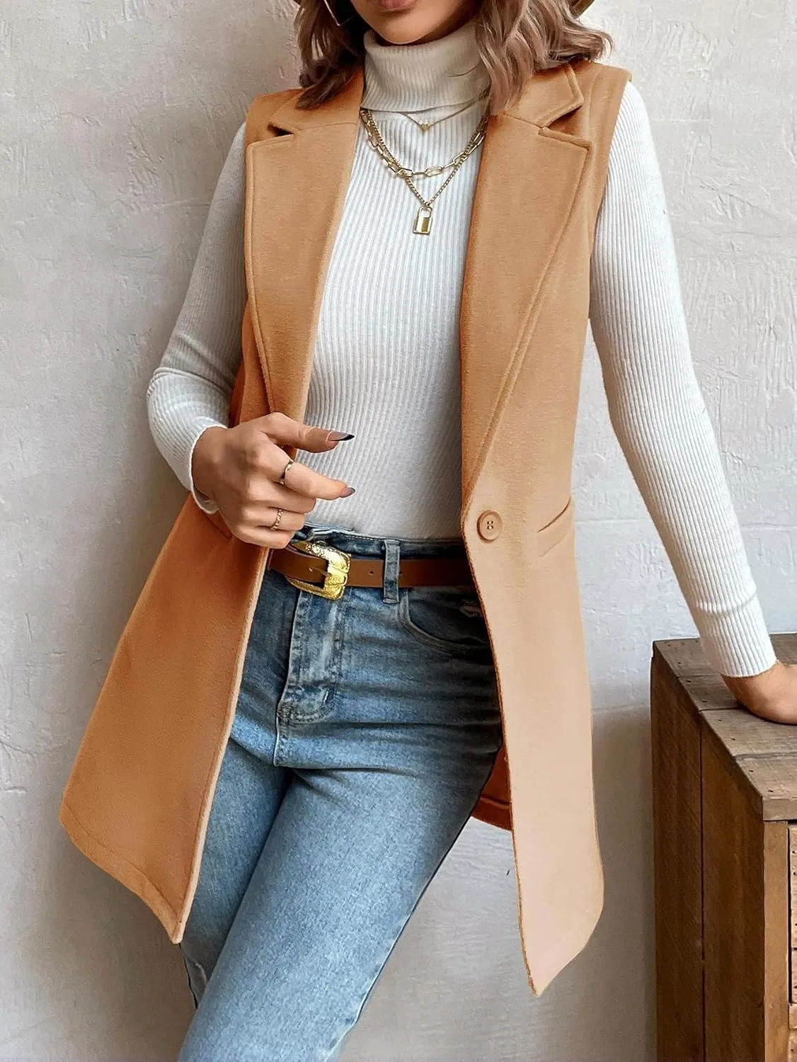 IDEALSANXUN Womens Wool Vest Fall Winter Long Sleeveless Blazer Jackets Cardigan