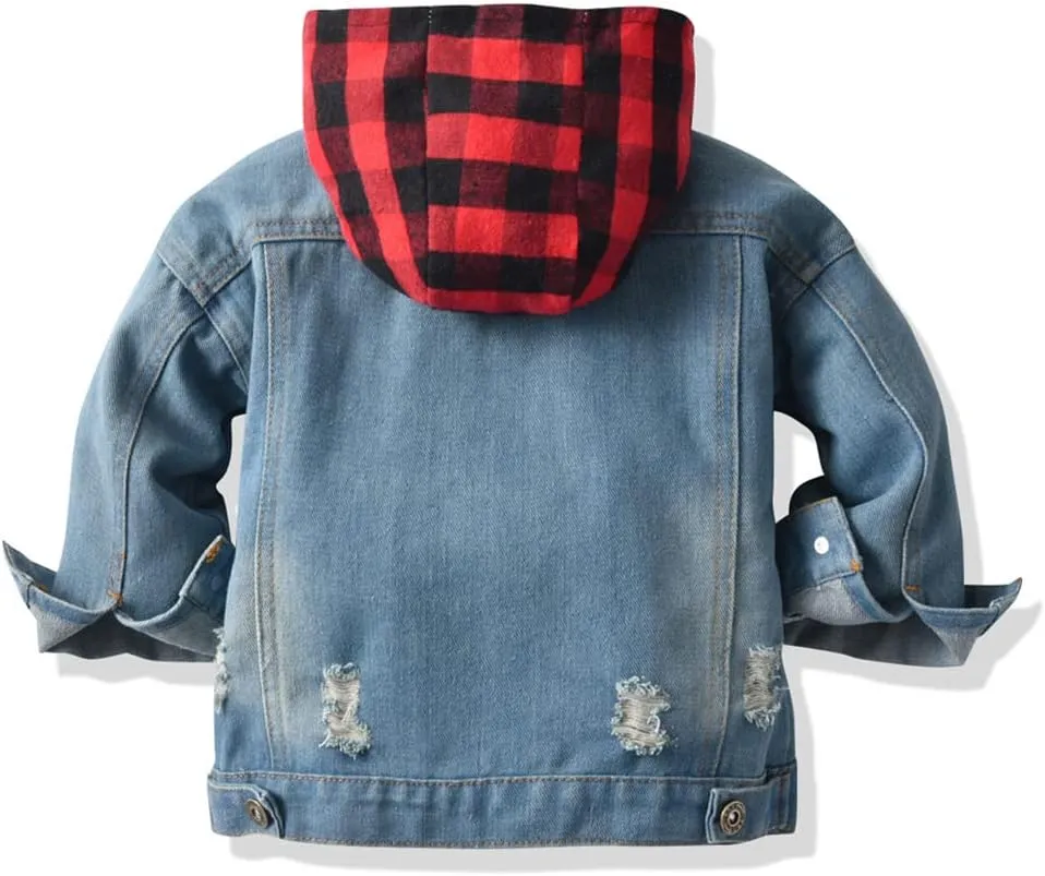 IDOPIP Toddler Kid Baby Boys Girls Denim Jacket Long Sleeve Button Down Jeans Coat Cowboy Overcoat Hoodie Casual Outwear
