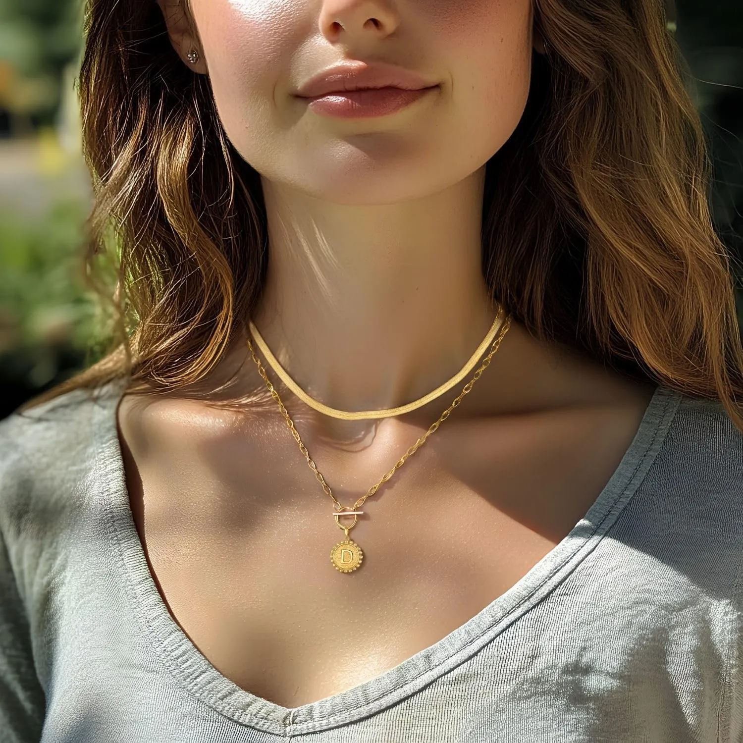 Initial Necklace for Women 14K Gold Plated Layering Necklace Paperclip Link Chain Coin Pendant Choker Snake Chain Gold Jewelry