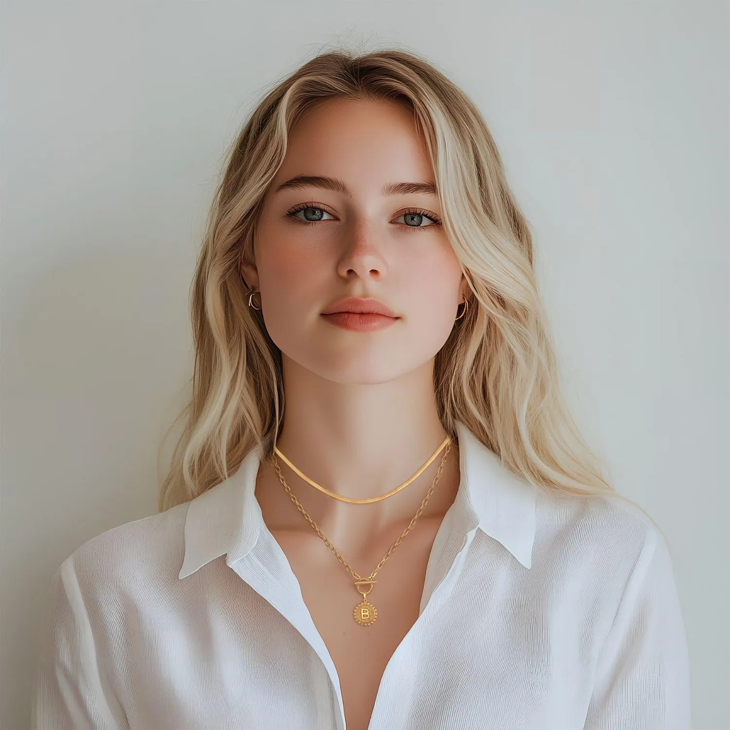 Initial Necklace for Women 14K Gold Plated Layering Necklace Paperclip Link Chain Coin Pendant Choker Snake Chain Gold Jewelry
